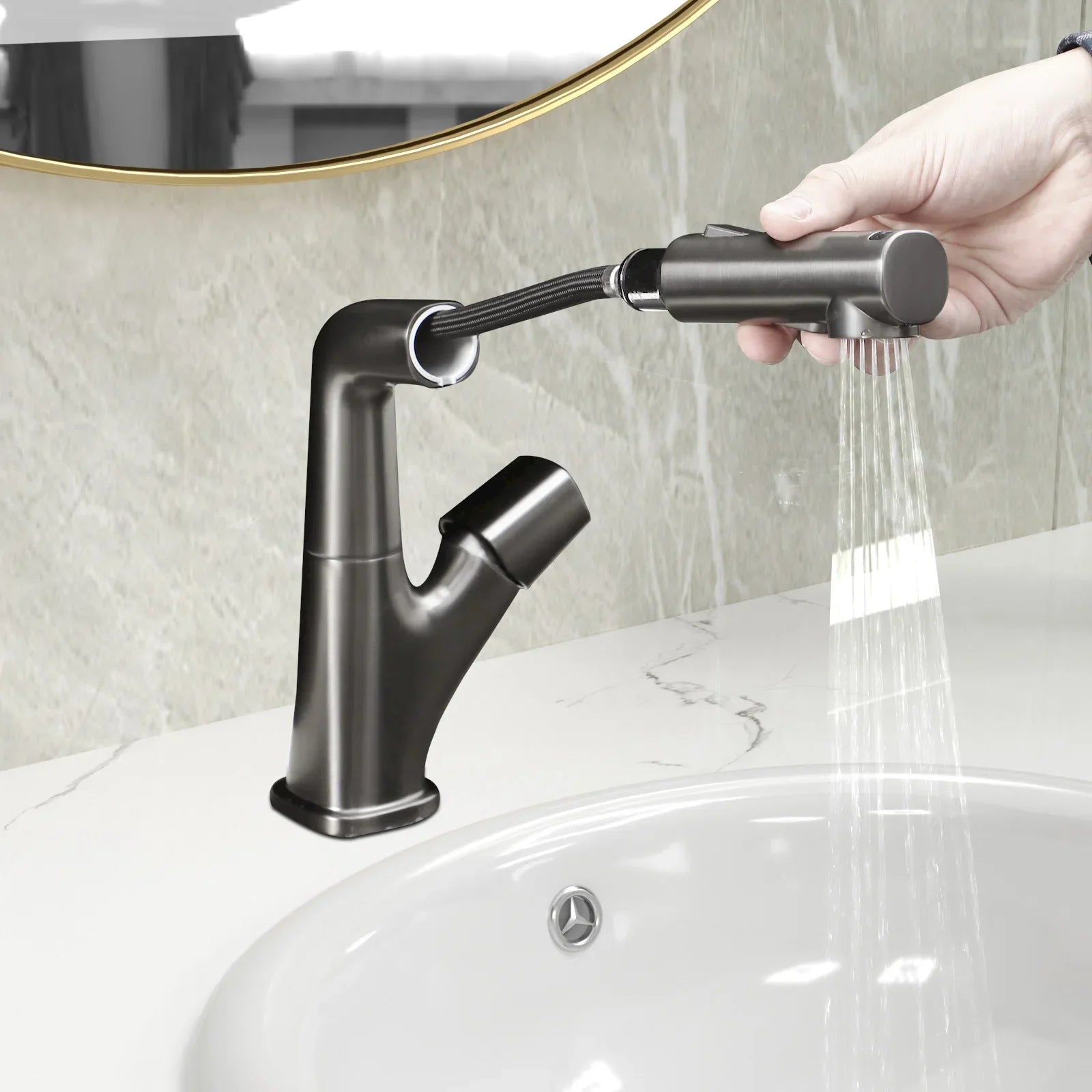 Lordear Stainless Steel 3-Mode 360° Rotating Pull Down Sprayer Bathroom Faucet - Perfect for Kitchen Sink, Bathroom Vanity & Utility Sink Installation