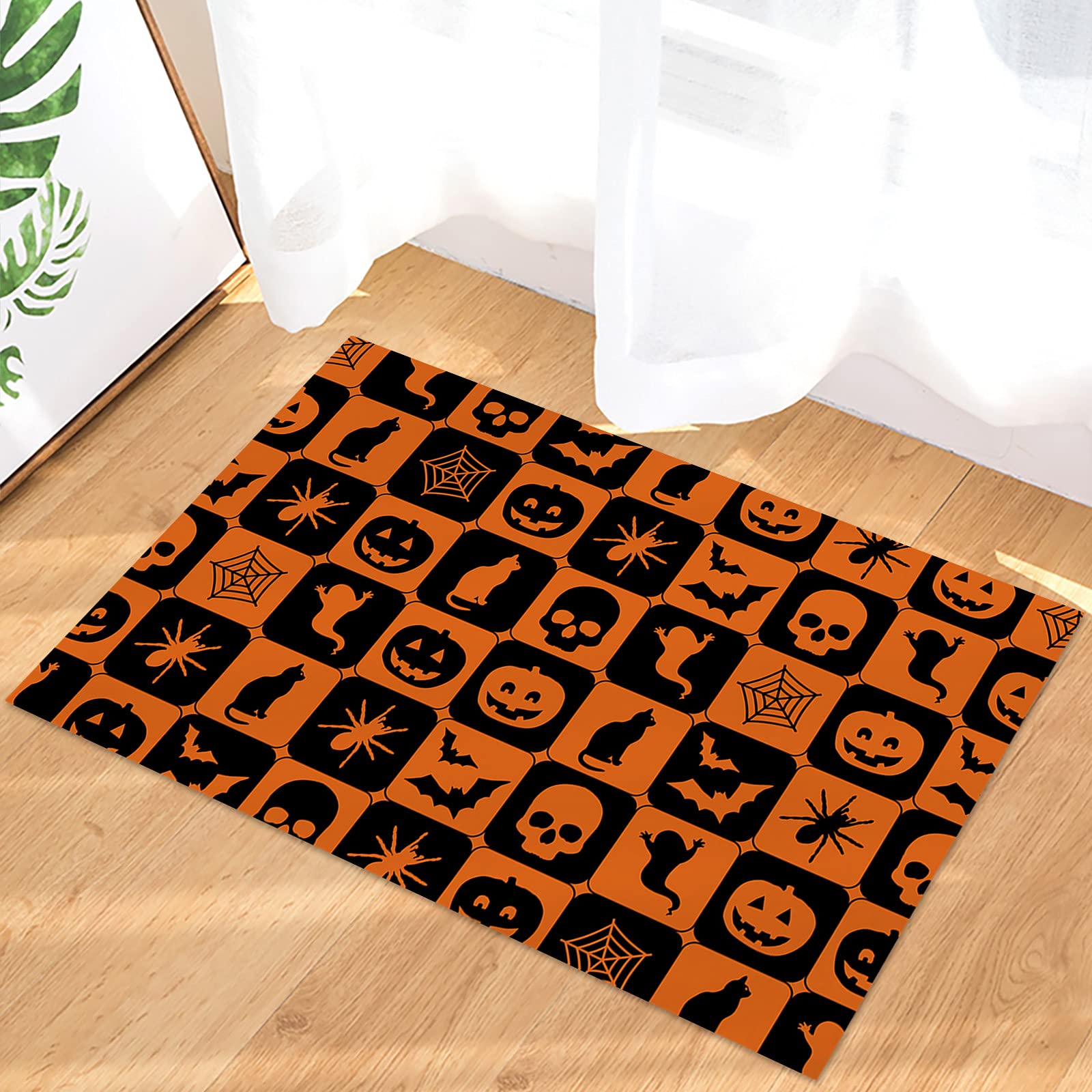 Non-Slip Halloween Themed Doormat - Absorbent Bath Rug with Pumpkin, Bat, Ghost & Skull Design - Orange & Black Plaid Floor Mat for Front Door, Bathroom, Bedroom & Living Room Decor - Perfect for Spooky Seasonal Home Decor & Entryway Safety