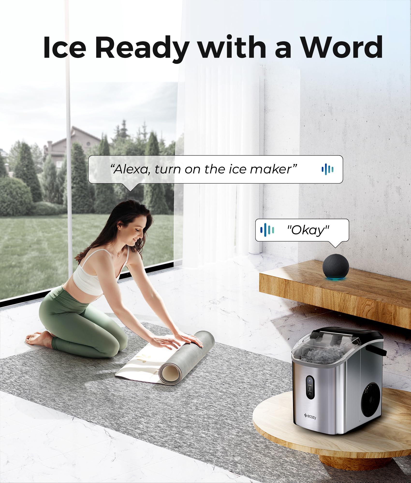 Ecozy Smart Nugget Ice Maker Countertop - Portable Pebble Ice Machine with Voice Control & WiFi App, 33lbs/24H Soft Chewable Ice, Self-Cleaning Pellet Ice Maker, Stainless Steel - Perfect for Kitchen, Home Bar, Office, and Party Use