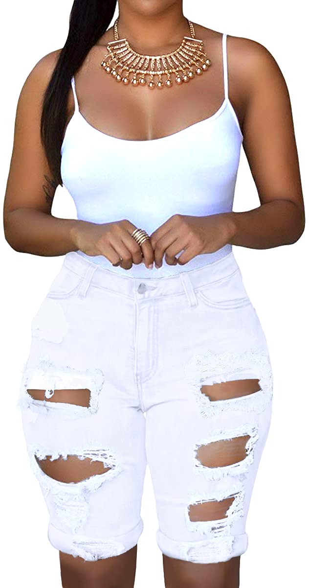 OnlyPuff Women's Ripped Denim Bermuda Shorts - Destroyed Mid Rise Stretchy Jeans for Casual Wear & Summer Outfits