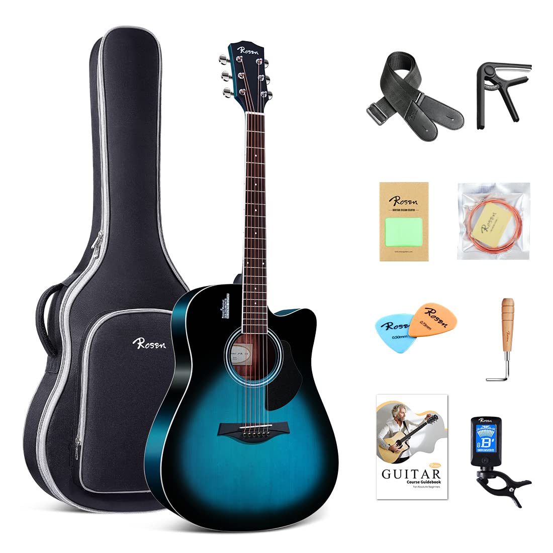 Rosen 41-Inch Solid Top Dreadnought Acoustic Guitar Beginner Bundle - Spruce Wood with Padded Bag, Strings, Picks, Strap & Accessories - Perfect for Beginners, Camping & Home Practice (Blue)
