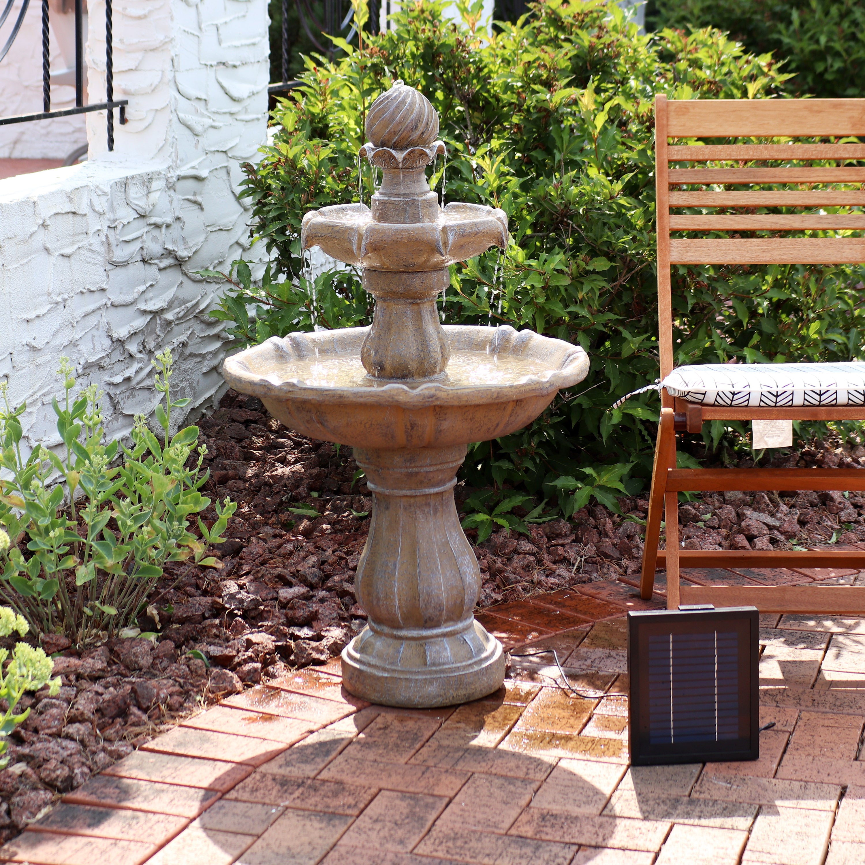 Sunnydaze 2-Tier Solar Powered Outdoor Water Fountain with Battery Backup - Perfect for Garden, Patio, and Backyard Decor
