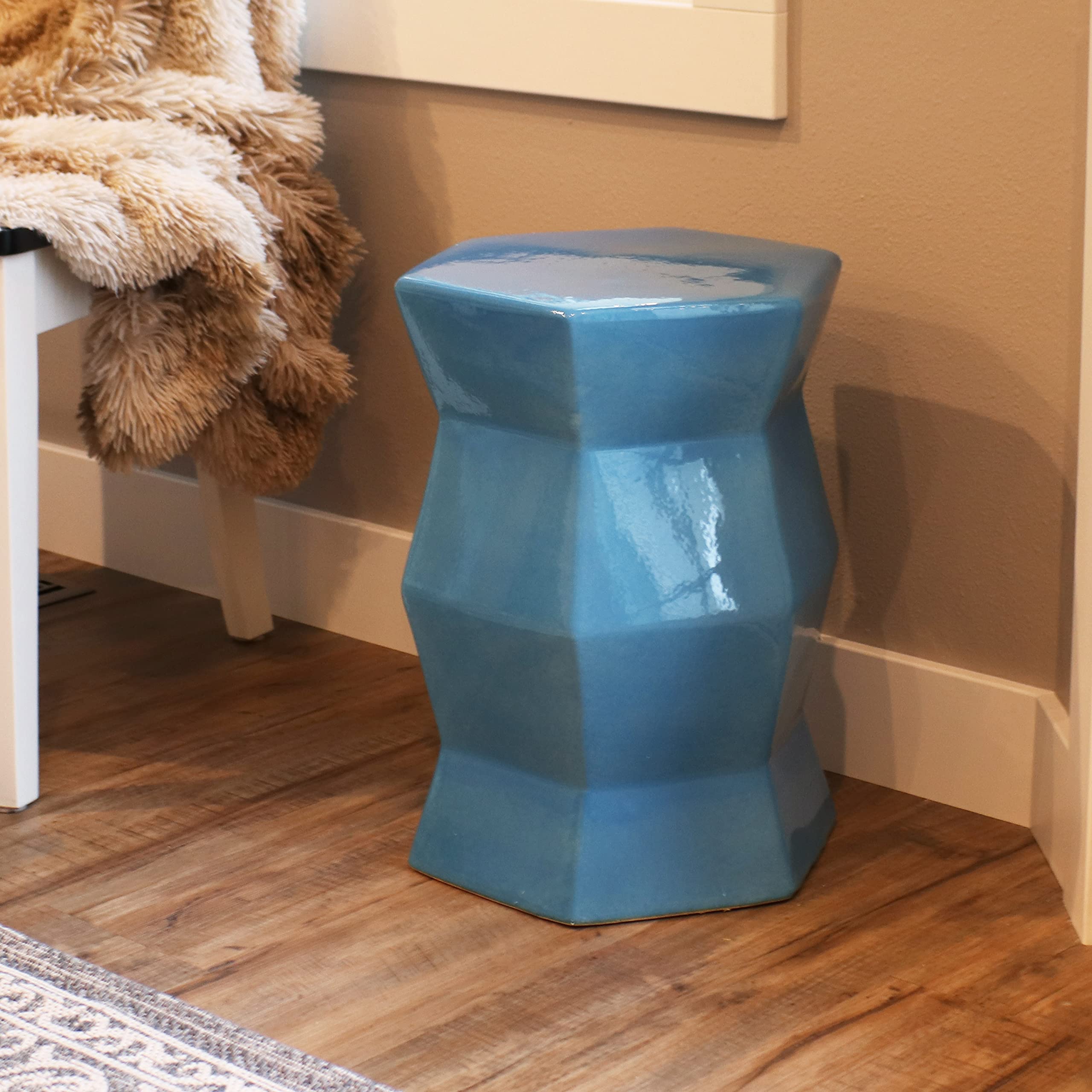 Sunnydaze Modern Hexagon Ceramic Garden Stool Side Table - Indoor Outdoor Use - 17.25 Inch Height - Moonstone Glazed Finish - Perfect for Patio, Porch, Living Room & Garden Decor