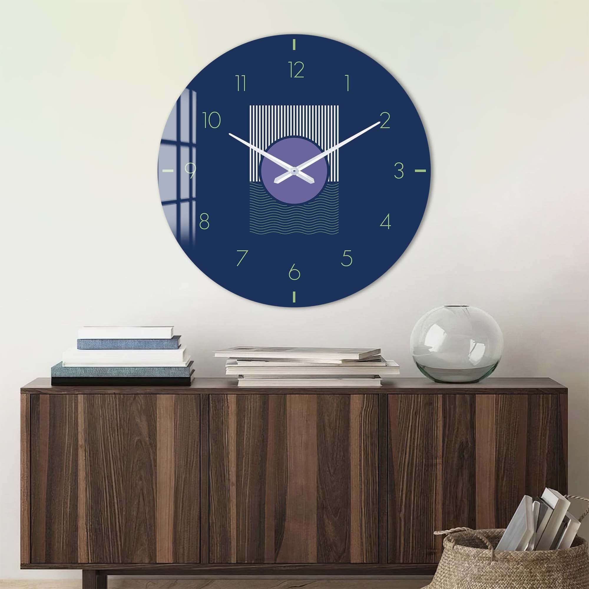Navy Blue Glass Wall Clock - Modern Decorative Clock for Living Room, Bedroom & Office - Silent Non-Ticking Battery Operated