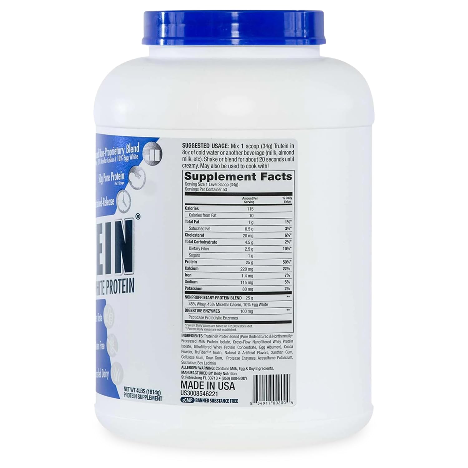 Trutein High Protein Powder - 45% Whey, 45% Casein, 10% Egg White | Gluten-Free, Low Sodium, Grass-Fed Whey Protein | Gym Supplement & Post-Workout Recovery | Chocolate Flavor, 4lb | Perfect for Muscle Building, Weight Loss & Healthy Breakfast Smoothies