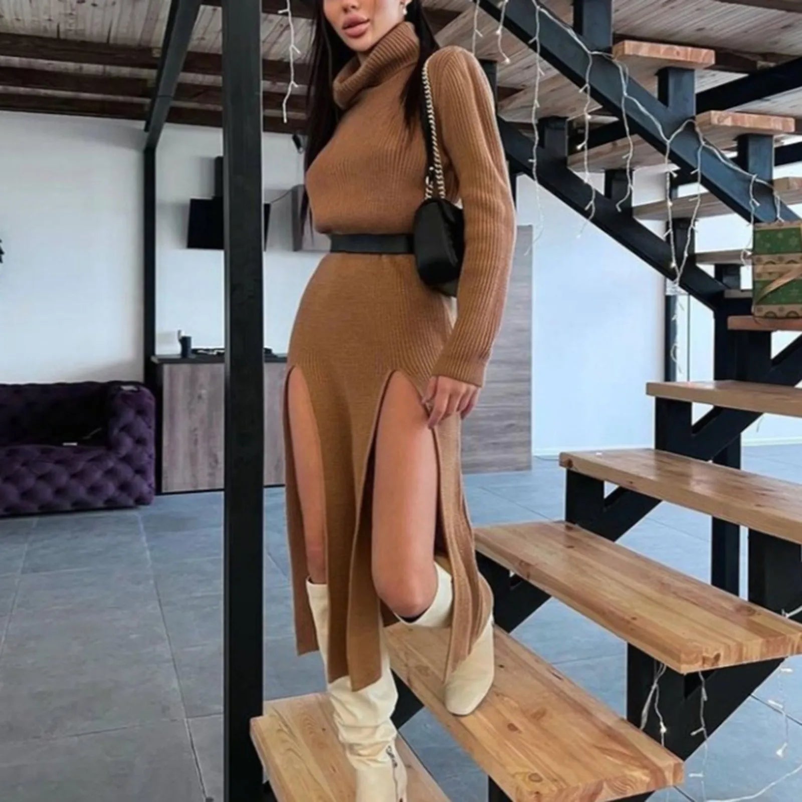 Elegant Women's Long Sleeve Turtleneck Knit Sweater Dress with High Slit - Soft Woolen Bodycon Dress for Party, Date Night & Winter Fashion