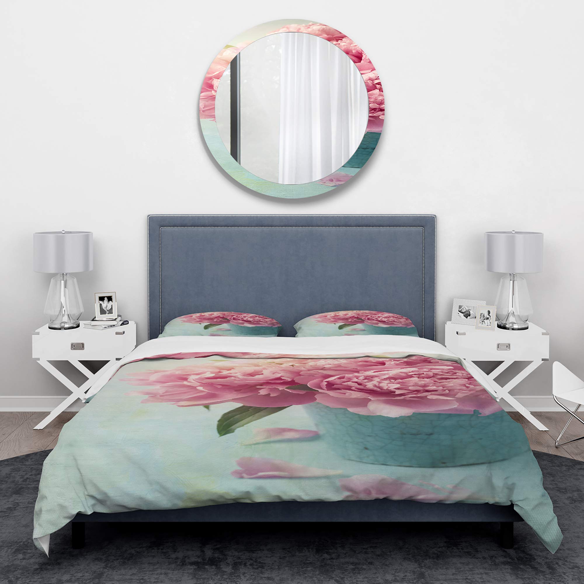 Blue Nautical & Coastal Duvet Cover Set King Size - Pink Peony Floral Design, 3-Piece All Season Bedding Set for Coastal Home Decor | Perfect for Beach House, Guest Room & Master Bedroom