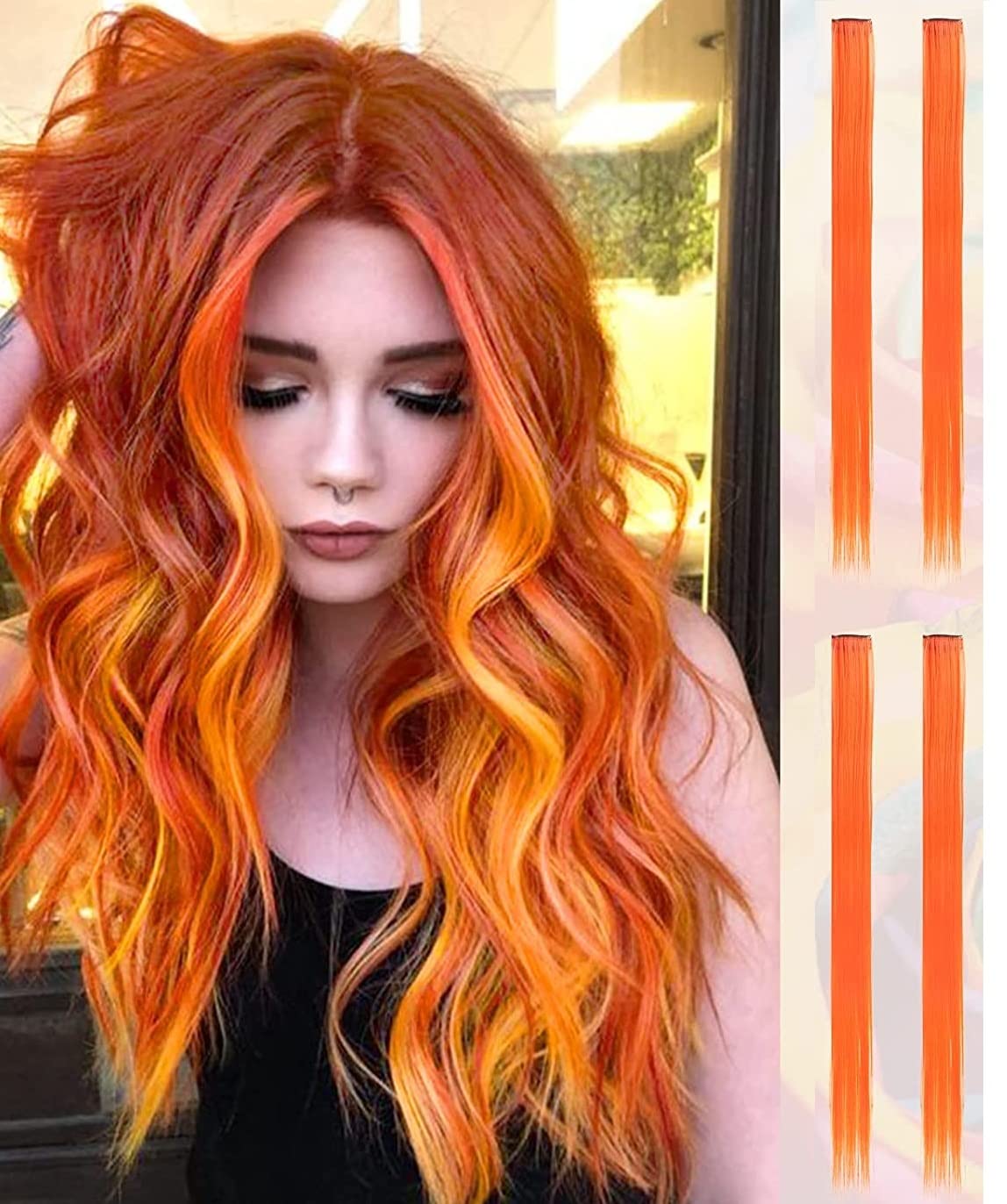 Vibrant Colored Hair Extension Strips - Set of 4 Straight Highlight Streaks for Women & Girls (Orange) | Perfect for Parties, Cosplay & Fashion Styling
