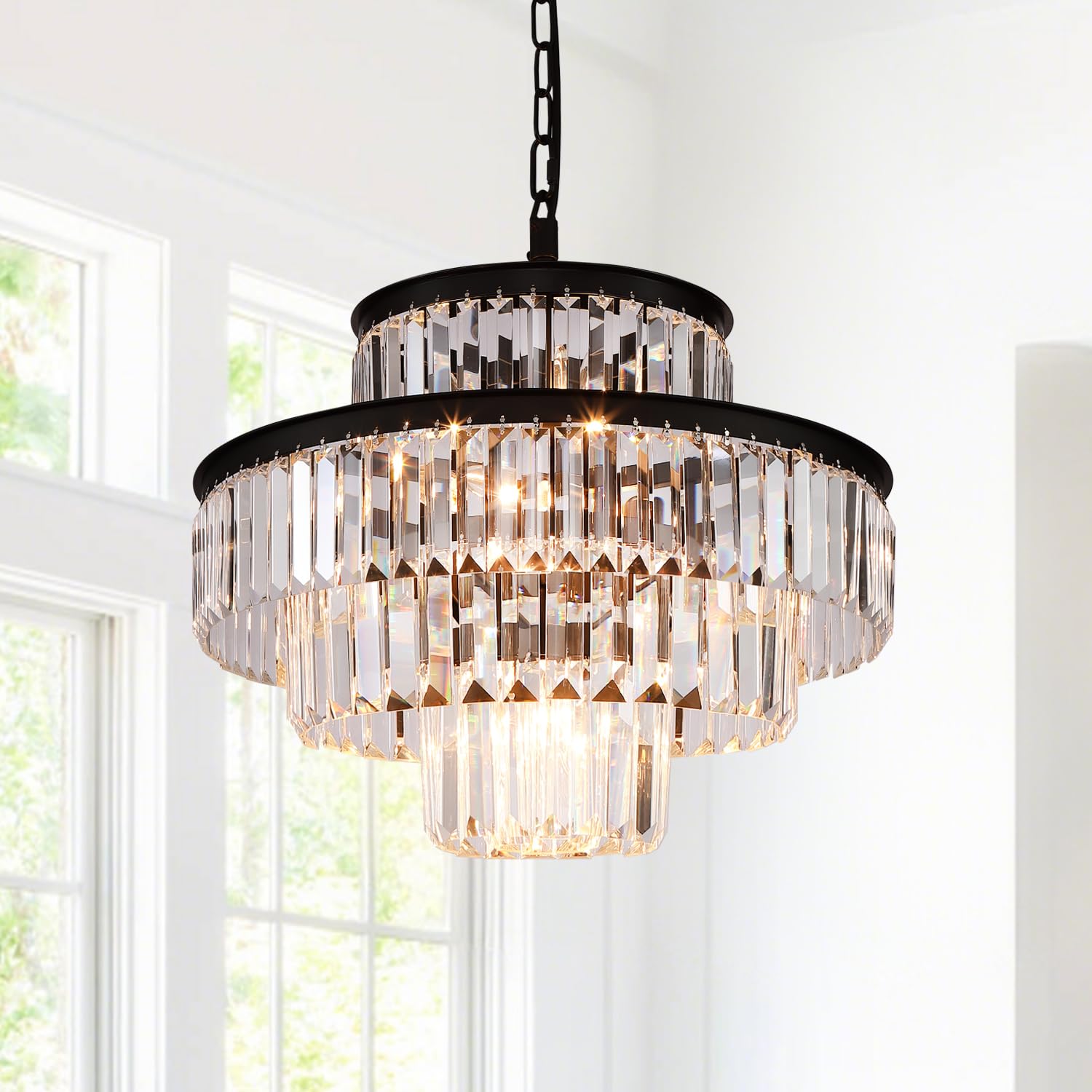 20 Inch Black Luxury Crystal Chandelier - Modern Hanging Pendant Light Fixture for Dining Room, Bedroom & Living Room | Elegant Lighting for Weddings, Restaurants and Home Decor