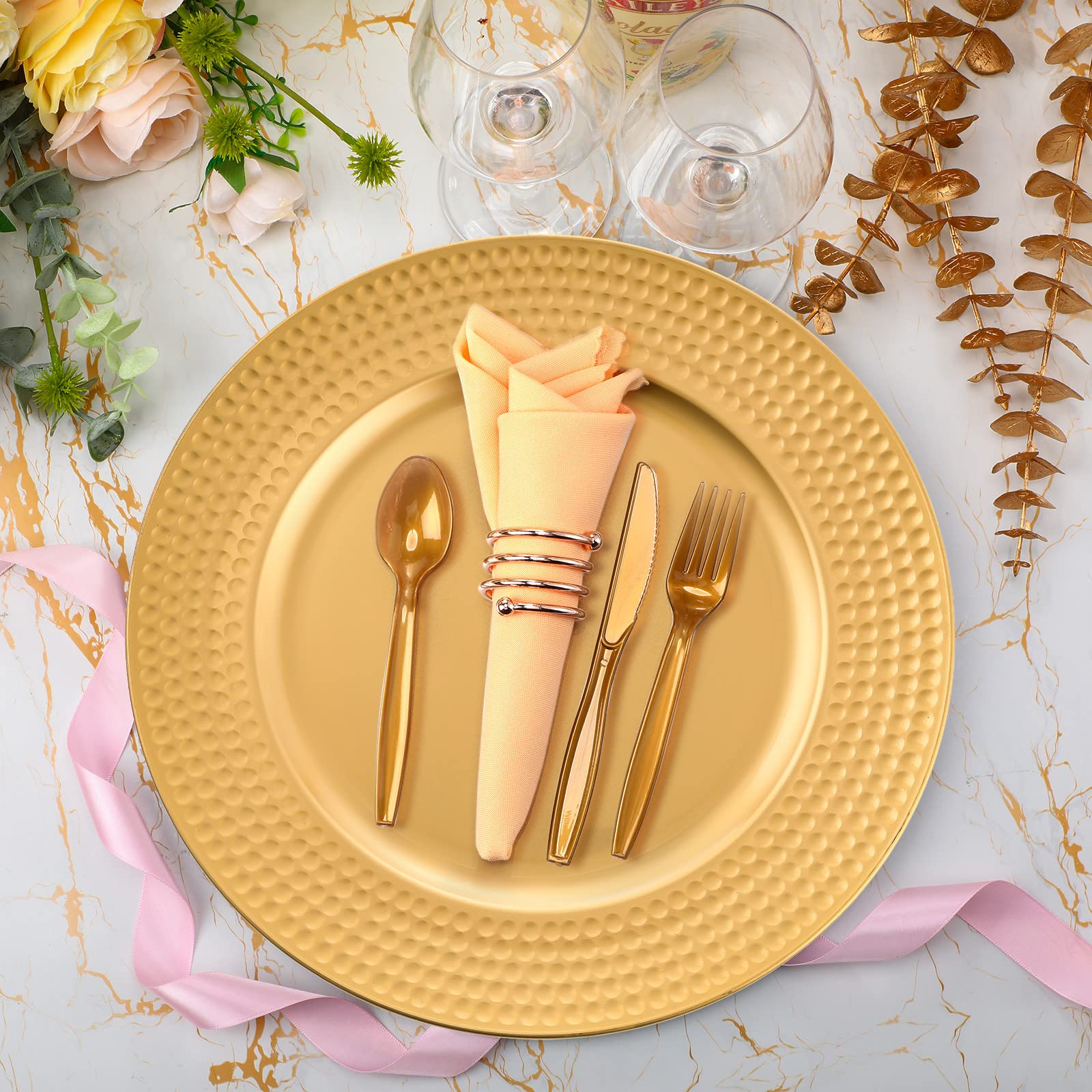 18-Piece 13-Inch Gold Plastic Charger Plates Set - Elegant Round Dinner Plates for Weddings, Parties, Thanksgiving & Restaurant Events - Perfect for Formal Dining & Holiday Table Decor
