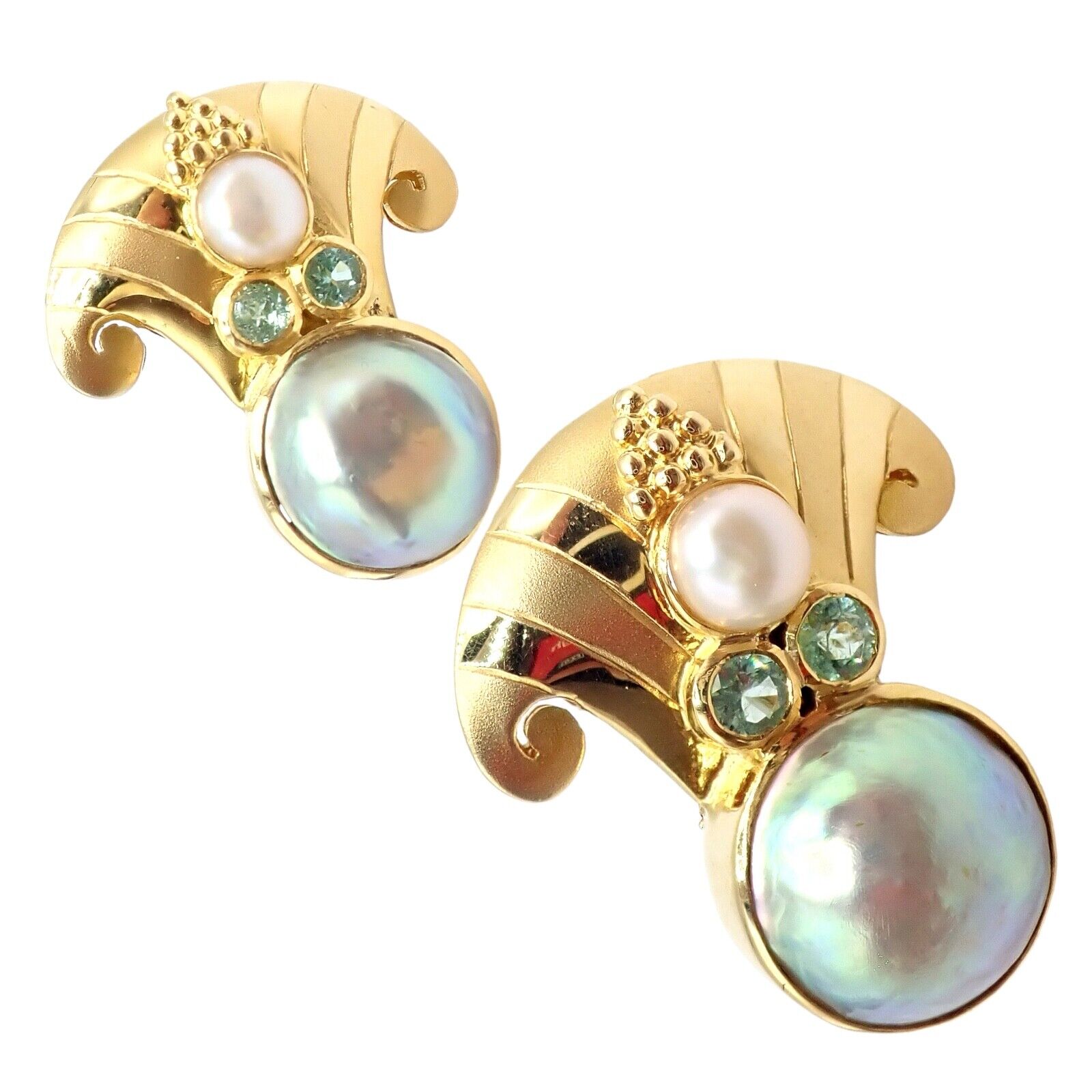 Exquisite Vintage Paula Crevoshay 18K Gold Abalone Pearl & Blue Gemstone Earrings - Unique Handmade Jewelry for Women - Perfect for Weddings, Anniversaries & Special Occasions