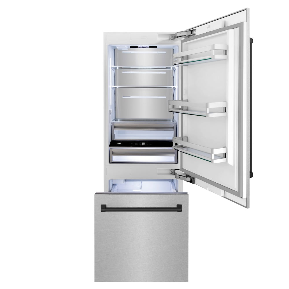ZLINE Autograph Edition 30 Inch Built-In Bottom Freezer Refrigerator - 16.1 cu ft Capacity, Water Dispenser & Ice Maker - Satin Stainless Steel with Matte Black Accents (RBIVZ SN 30 MB) - Perfect for Modern Kitchens, Open Concept Homes & Luxury Appliances Collection