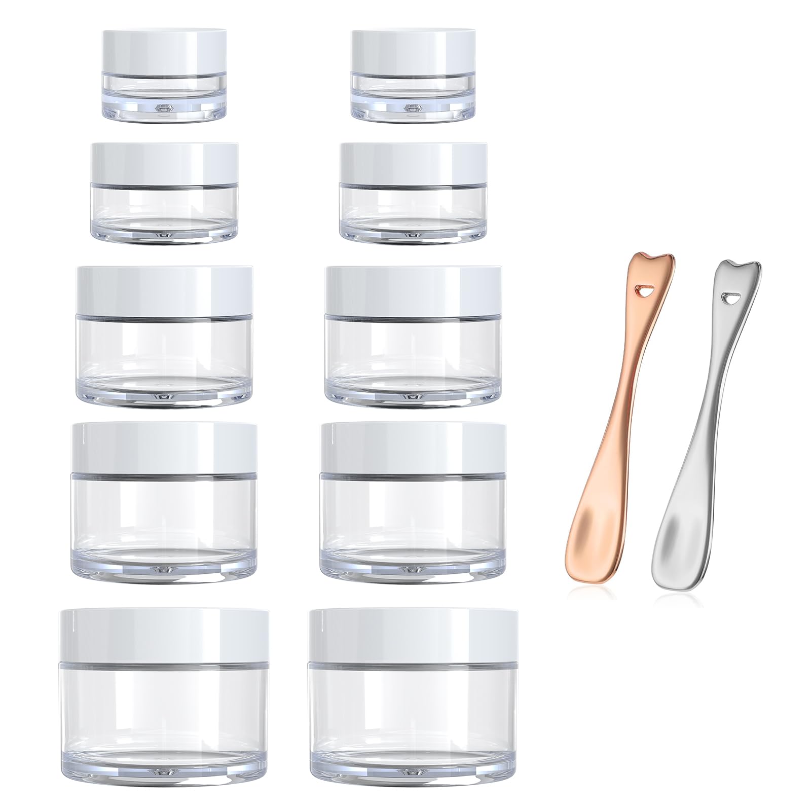 10-Piece Travel-Sized Leakproof Toiletries Containers Set - 5 Sizes (0.17/0.33/0.5/0.67/1 oz) Small Cosmetic Jars with Secure Lids - Includes 2 Mini Spatulas - Perfect for Air Travel, Gym, Camping & Hotel Use (White)