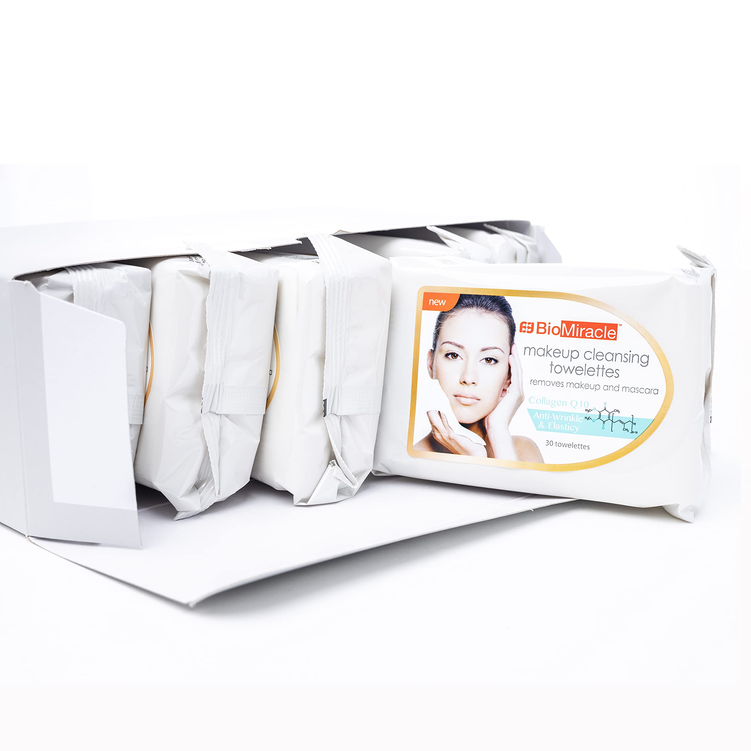 BioMiracle Makeup Cleansing Towelettes with Q10 & Collagen - 30ct (6 Pack) | Gentle Facial Wipes for Removing Eyeliner, Eyeshadow, Lipstick & Mascara | Perfect for Travel, Gym & Daily Skincare Routine