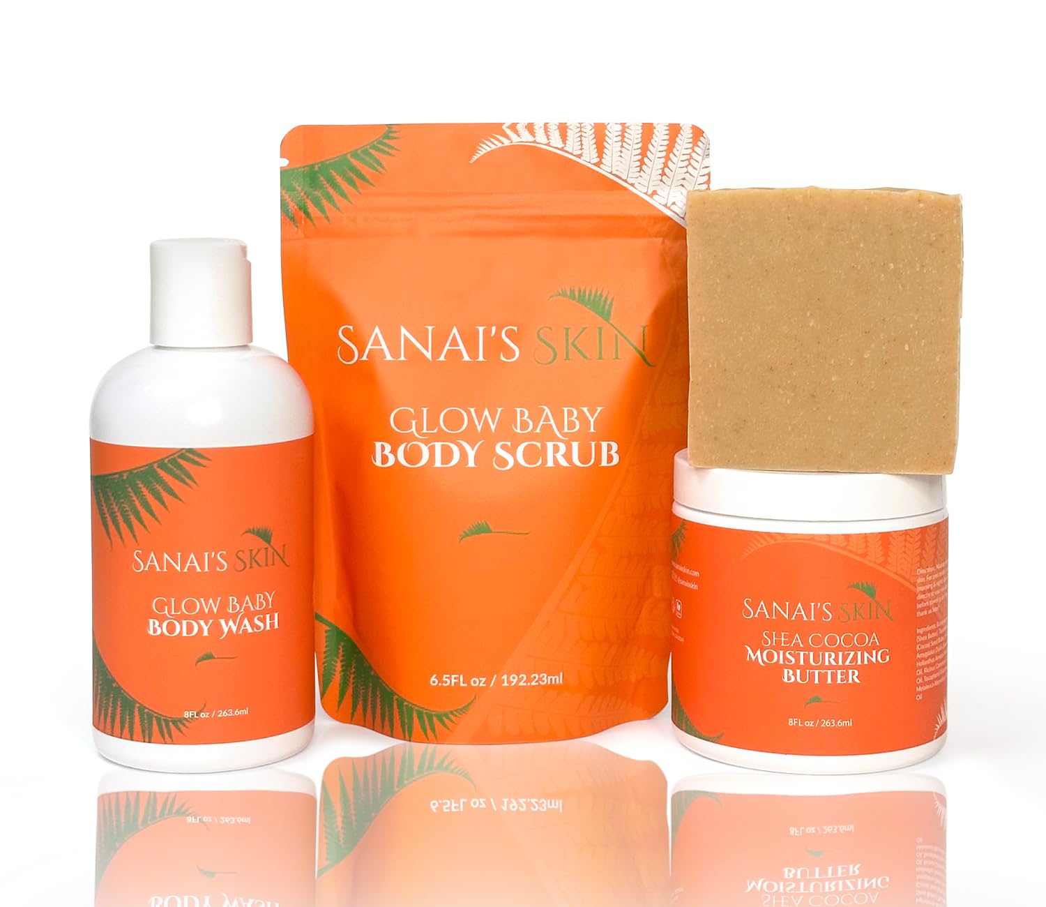 Sanai's 4-Piece Ginger & Turmeric Glow Body Care Set | All-Natural Vegan & Cruelty-Free Body Wash, Exfoliating Scrub & Moisturizing Butter | Spa Day & Self Care Gift for Women | Perfect for Dry Skin & Relaxation at Home