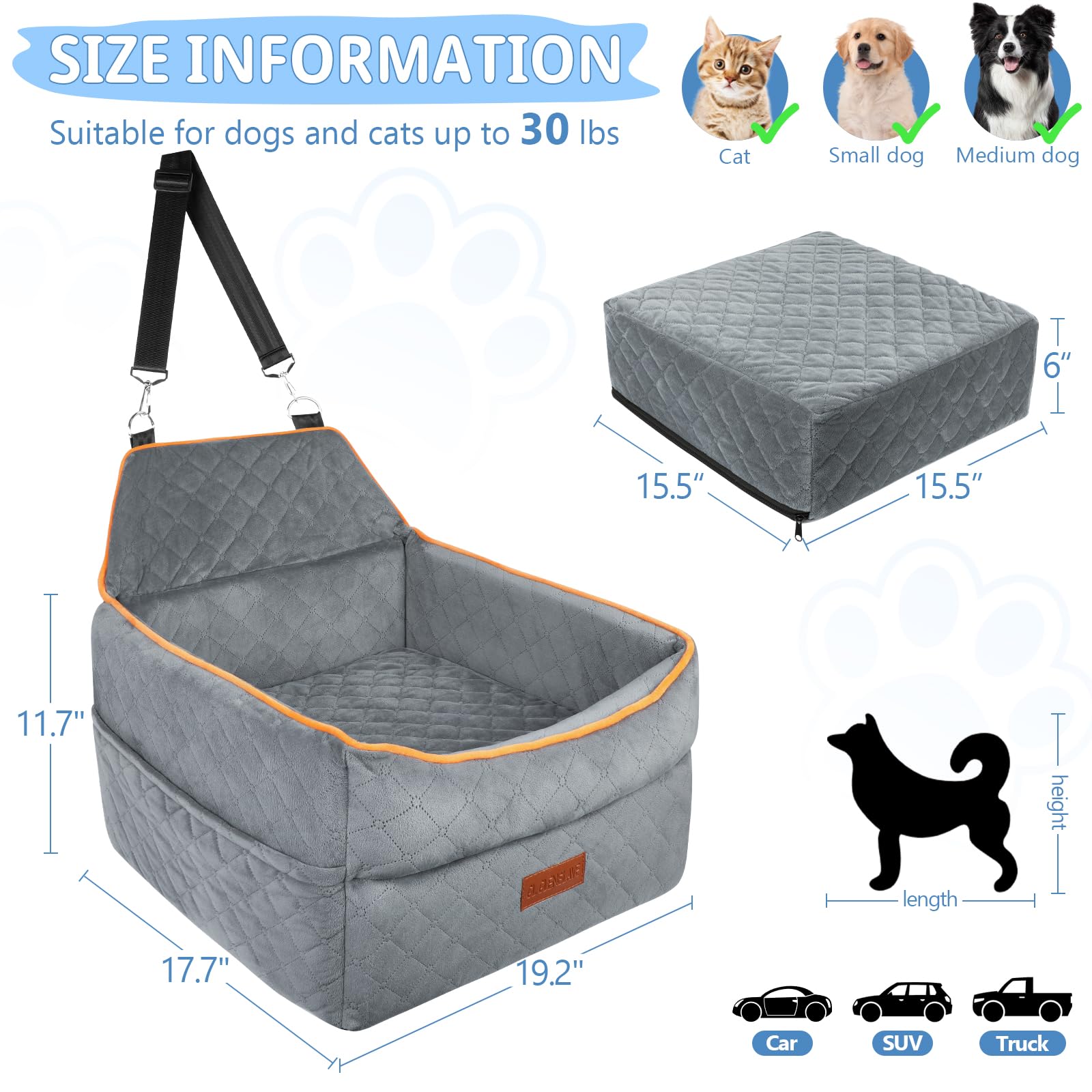 **Memory Foam Dog Booster Car Seat for Small & Medium Dogs (0-35 lbs) – Anti-Slip Pet Travel Bed with Adjustable Leashes & Storage Pockets – Perfect for Road Trips, Vet Visits & Daily Commutes**