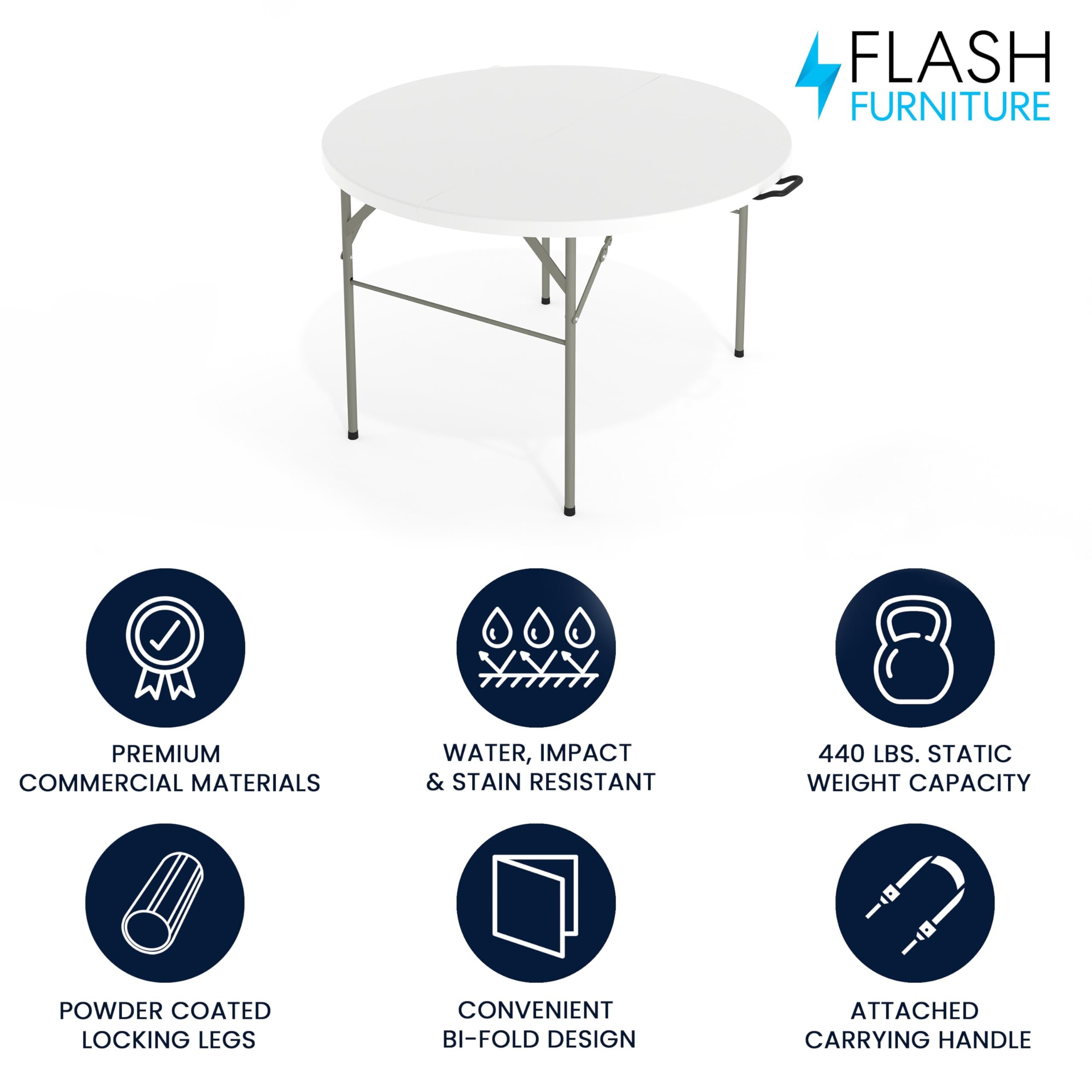 Flash Furniture Freeman 4-Foot Round Plastic Folding Table with Carrying Handle - Lightweight Bi-Fold Portable Banquet Table for Parties, Events, Picnics & Camping - Indoor/Outdoor Use - White