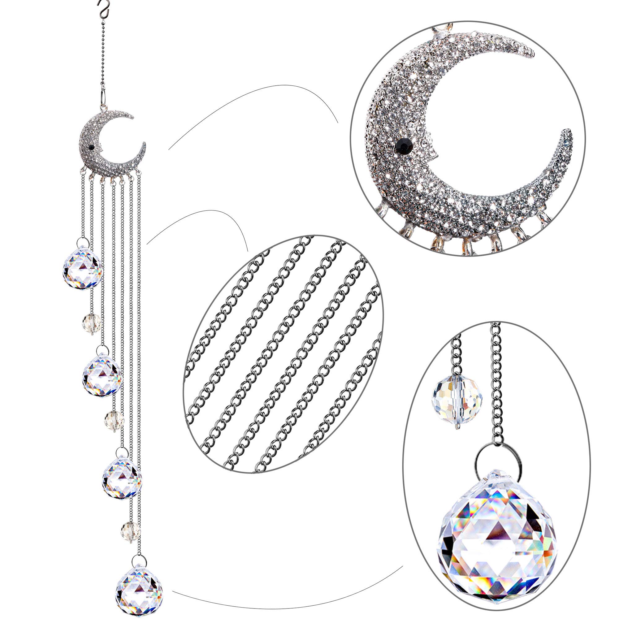 Clear Crystal Suncatcher Ornaments with Moon Decor - Rainbow Maker Crystal Beads Ball Prisms Pendant for Window, Garden & Home Decor - Creates Beautiful Rainbow Light Effects