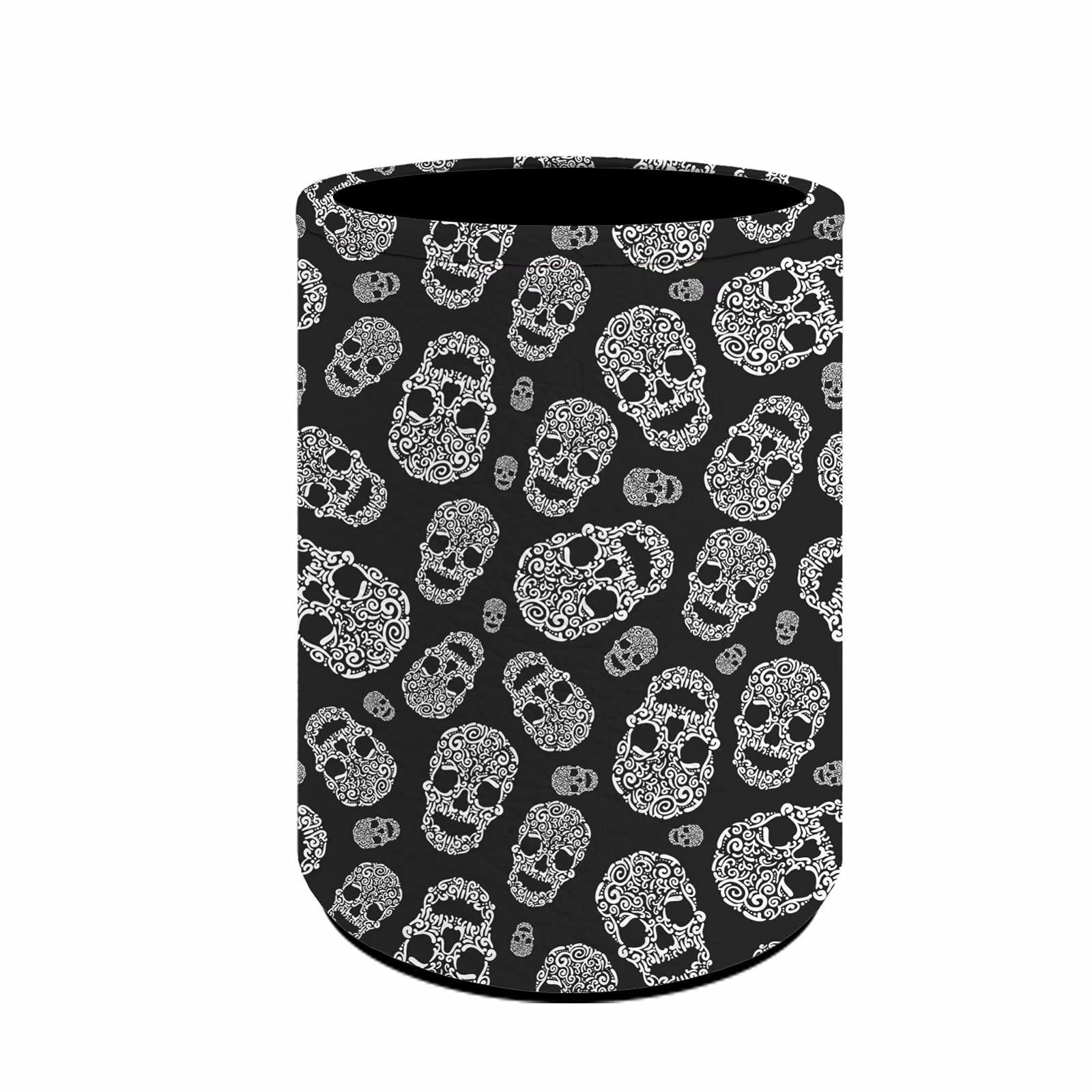 Black Skull Pattern PU Leather Desk Organizer - Round Pencil Cup & Makeup Brush Holder for Women, Girls | Keep Your Desk Tidy - Perfect for Office, Study & Vanity Decor