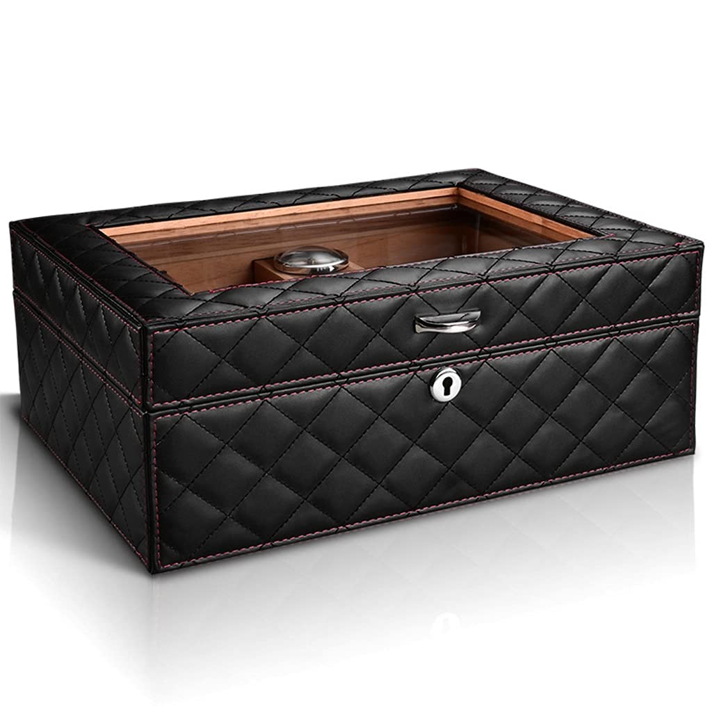 Premium Leather Hand-Stitched Humidor Cigar Box - Double-Layer 50 Cigar Capacity with Built-in Hygrometer & Glass Top Display - Classic Desk Storage for Home, Office, and Gifting