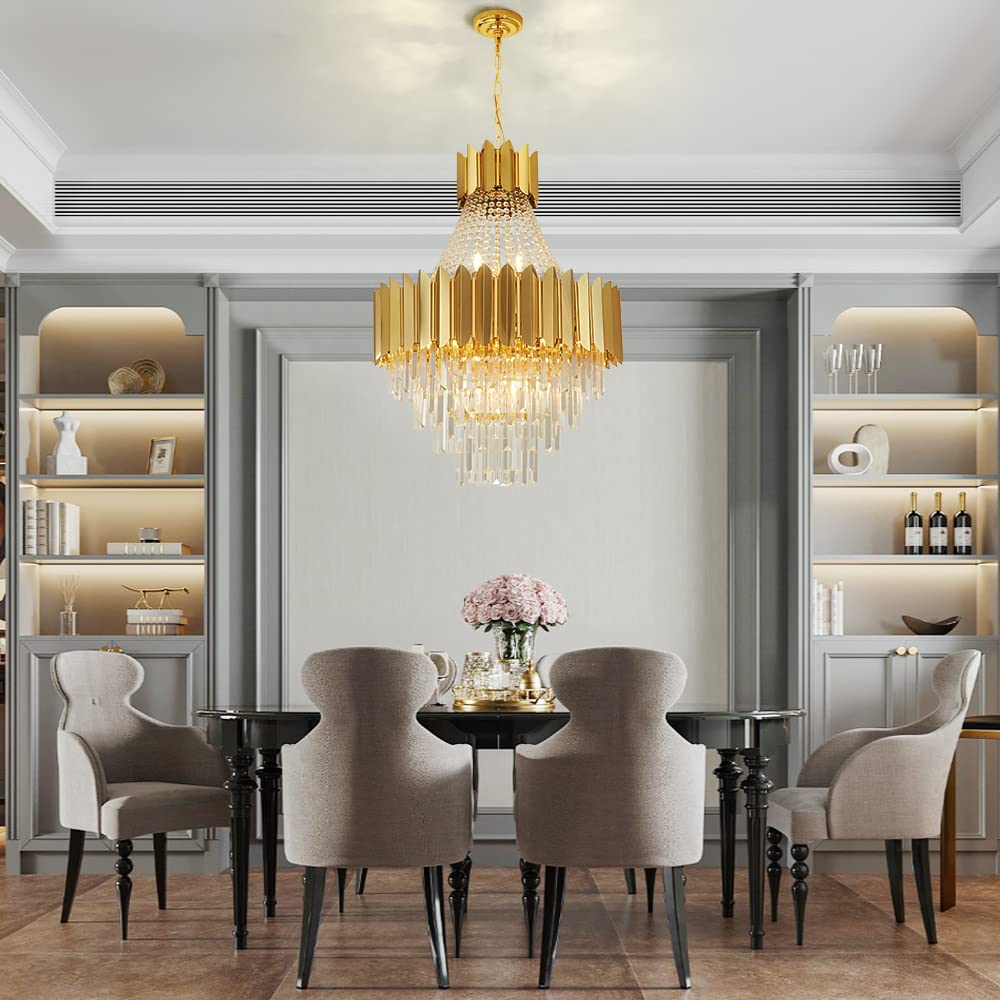 Modern Luxury Gold Crystal Large Raindrop Chandelier - 23.23” Diameter x 33.46” Height - Elegant Lighting Fixture for Living Room, Dining Room, Staircase & Entryway - Perfect for Home Decor, Wedding Venues & Luxury Hotels