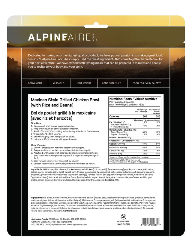 AlpineAire Mexican Style Grilled Chicken Bowl - Freeze Dried Camping Food, Backpacking Meals & Emergency Survival Food | Perfect for Hiking, Outdoor Adventures & Emergency Preparedness