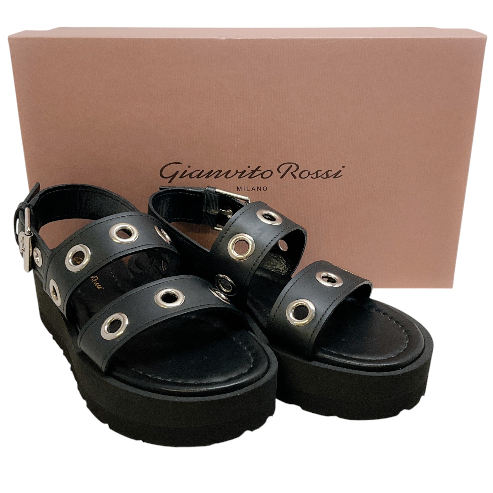 Gianvito Rossi Black Leather Double Strap Platform Sandals with Grommets - Women's Fashion High Heel Shoes for Party, Wedding & Evening Events