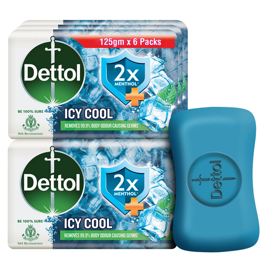 Dettol Icy Cool Bathing Soap Bar with Menthol - 6 Pack (125g Each) | Refreshing & Antibacterial Body Wash for Men & Women | Perfect for Post-Workout, Gym & Summer Cooling Relief