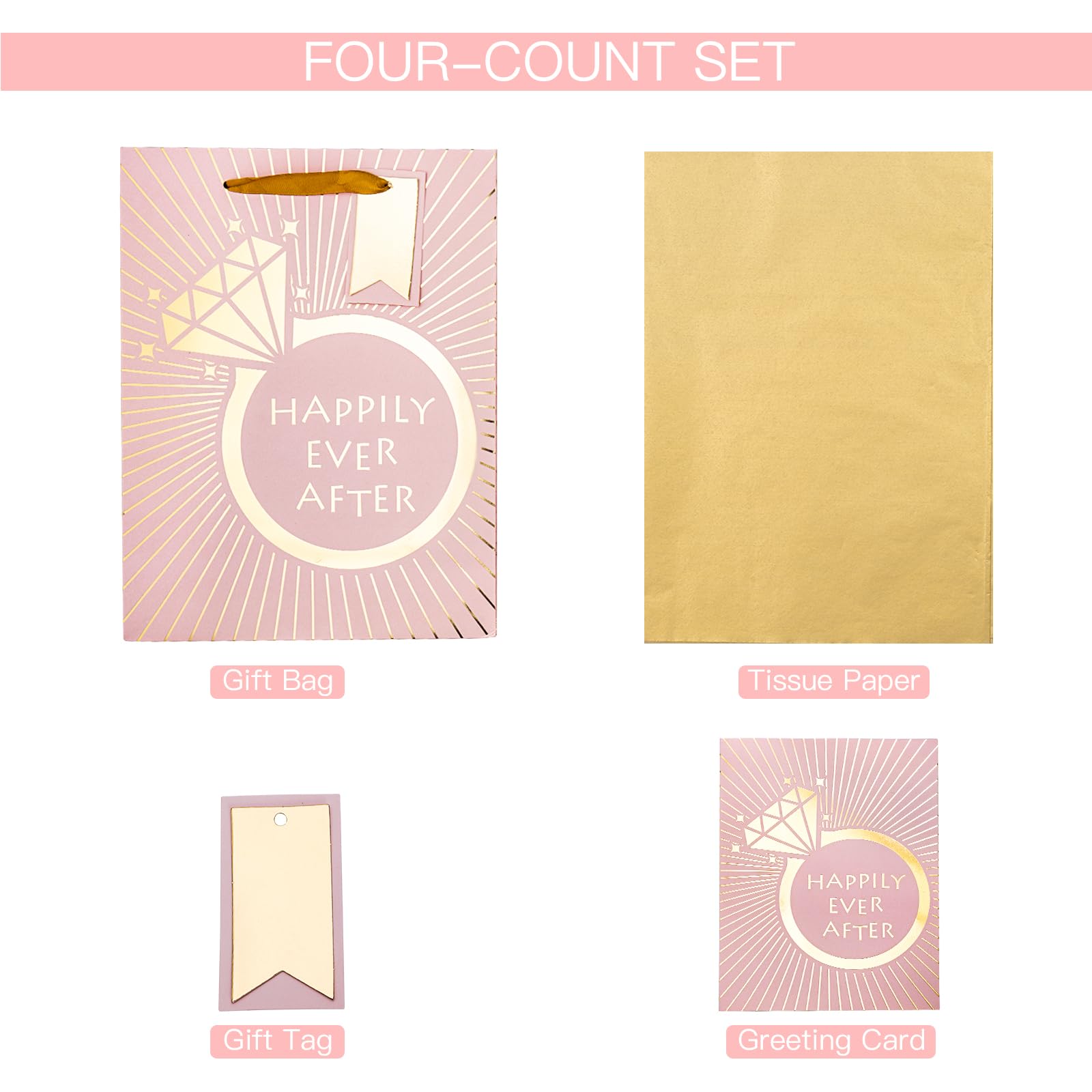 Wedding Gift Bag with Tissue Paper & Card - 10x5x13in, Pink for Parties & Events