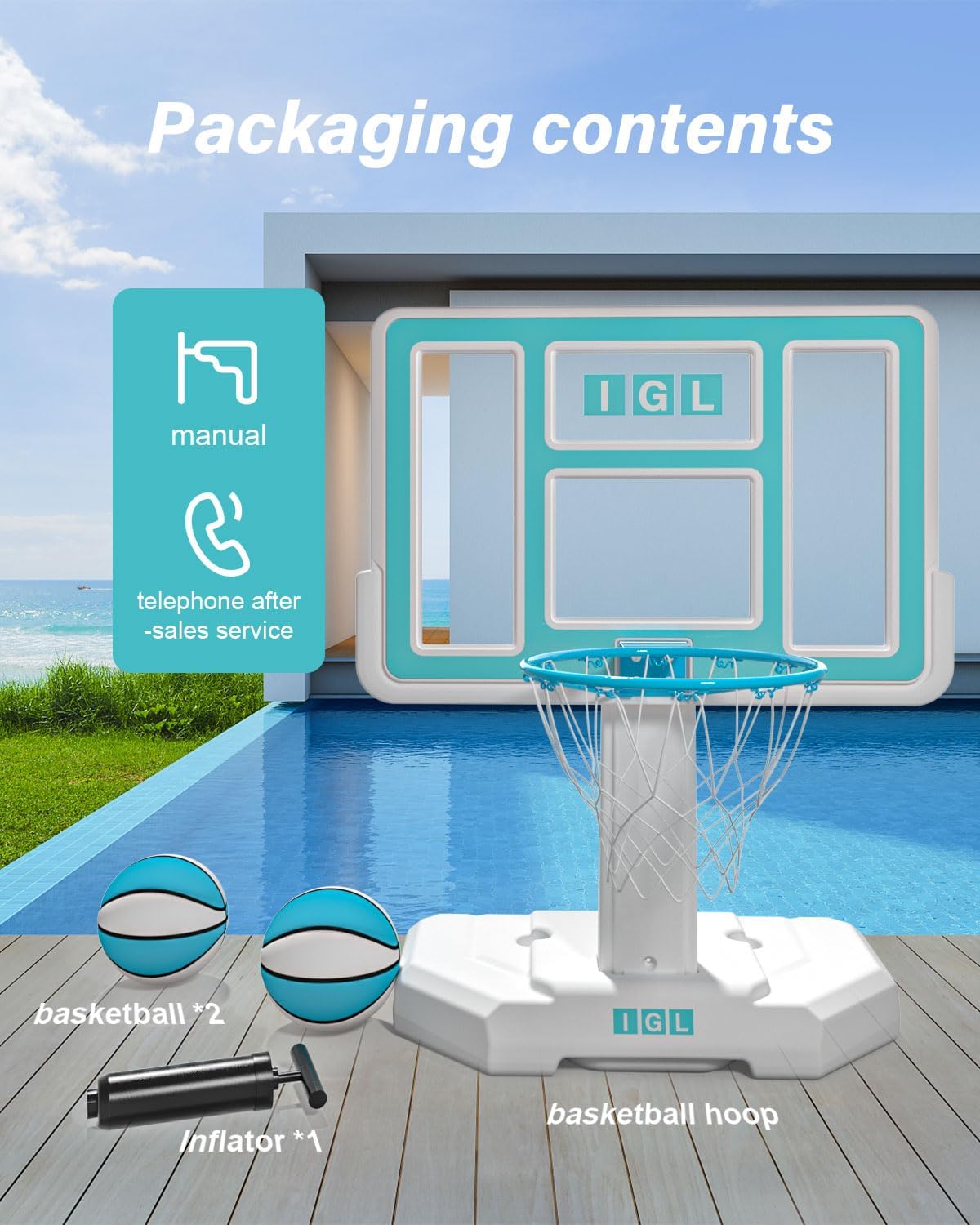 IGL Outdoor Pool Basketball Hoop - Stainless Steel Rim with Double Water Storage Base, Includes 2 Balls & Inflator - Perfect for Backyard, Poolside, and Beach Fun - Fixed Height Basketball Stand for Adults and Kids