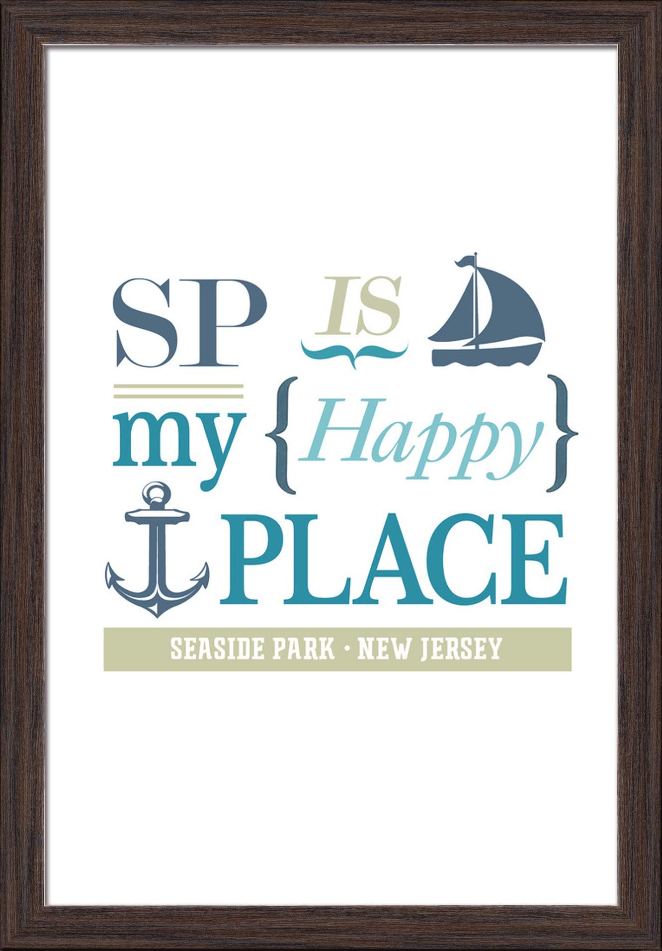 Seaside Park New Jersey SP Is My Happy Place - 16x24 Inch Giclee Fine Art Print with Recycled Wood Frame in Espresso Brown - Perfect for Beach House Decor, Coastal Living Room Wall Art, Jersey Shore Themed Gift