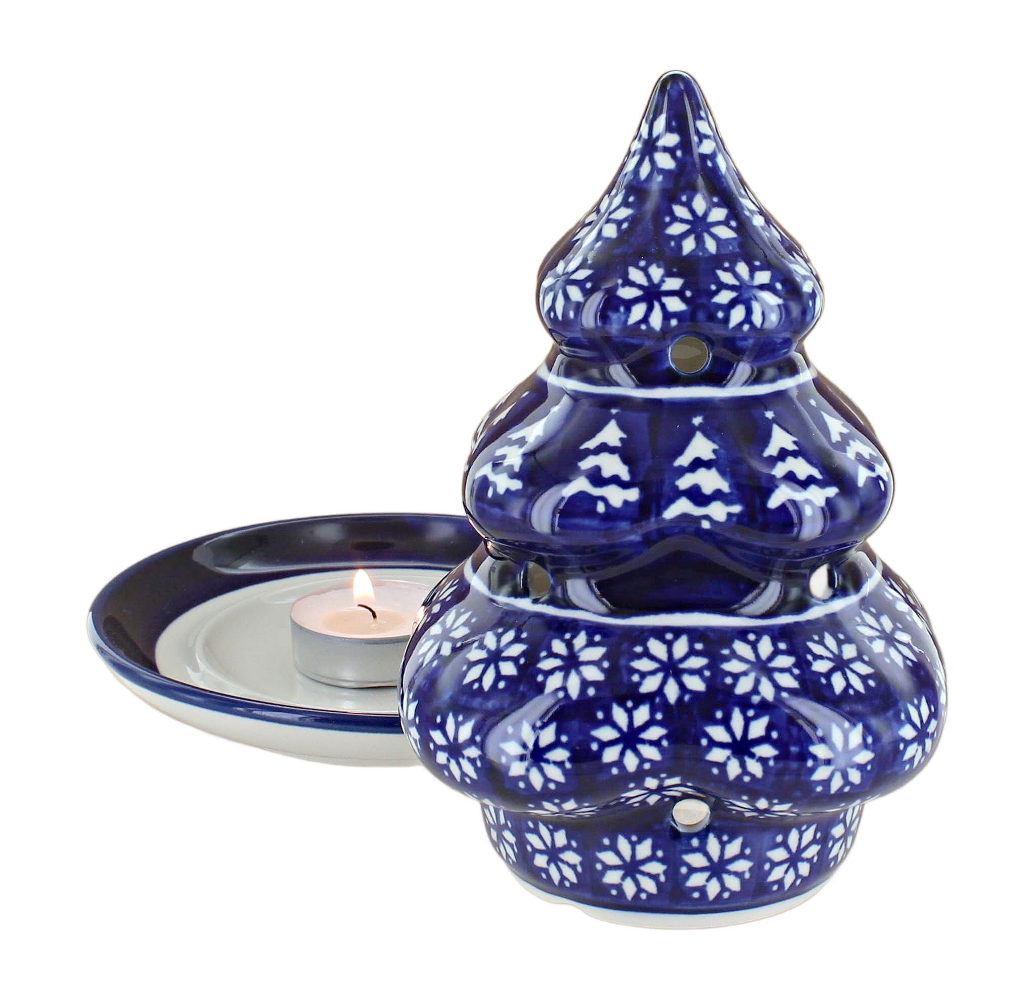 Blue Rose Polish Pottery Christmas Tree Luminary - Handcrafted Winter Nights Ceramic Candle Holder for Holiday Decor, Table Centerpiece & Cozy Home Ambiance