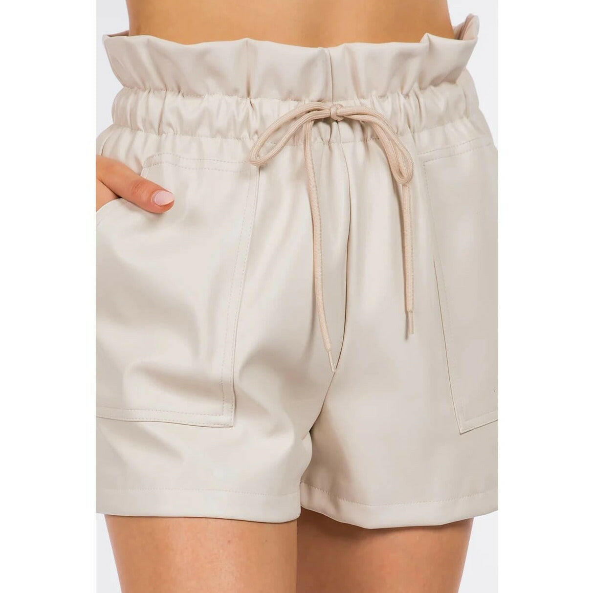 Stylish Beige Leather Shorts with Pocket Detail - Perfect for Casual Outings, Summer Fashion & Streetwear Looks