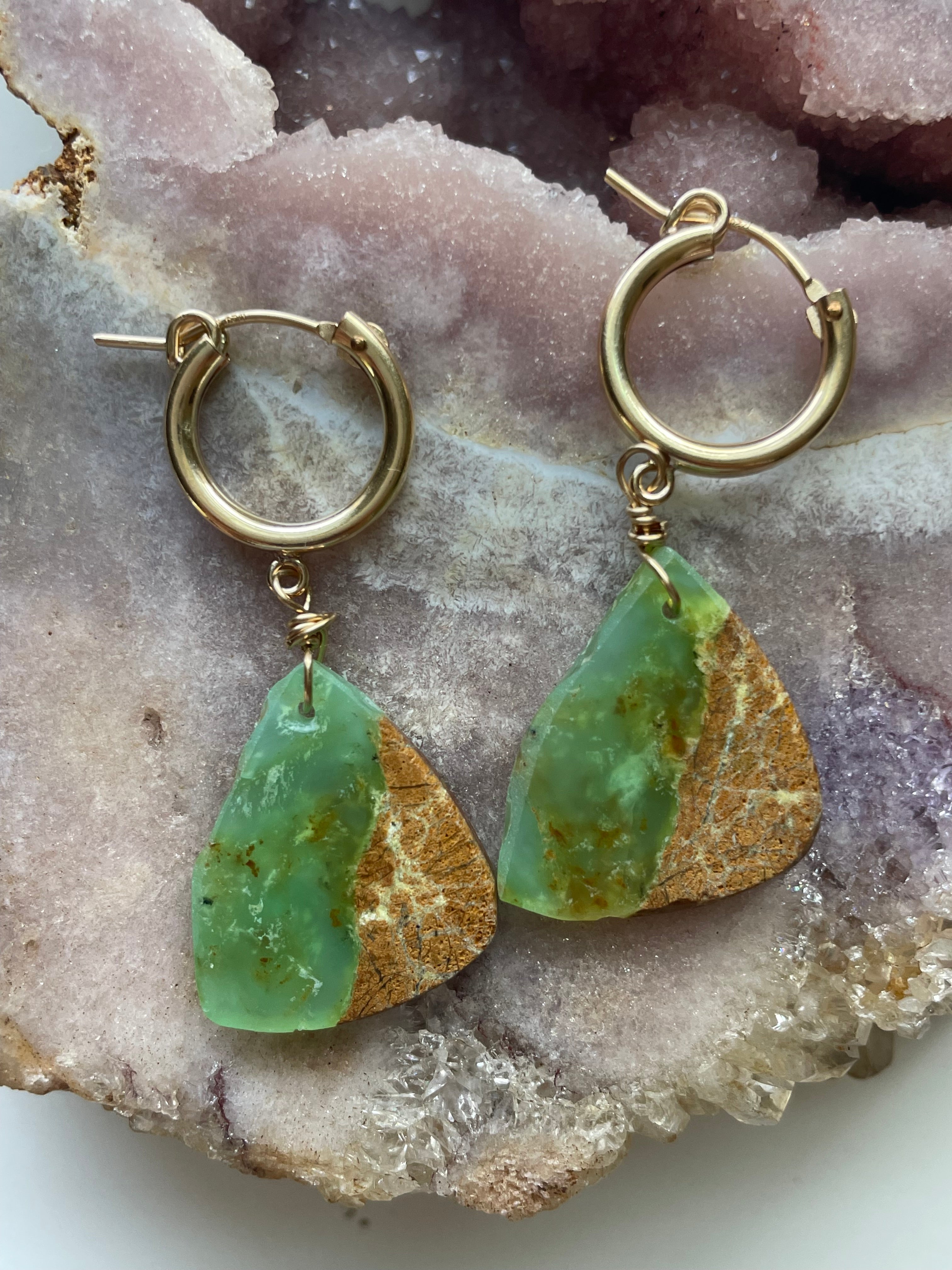 Raw Chrysoprase Slice Hoop Earrings - 14K Gold Filled Dangle Earrings for Women | Boho Chic Jewelry for Everyday Wear & Special Occasions
