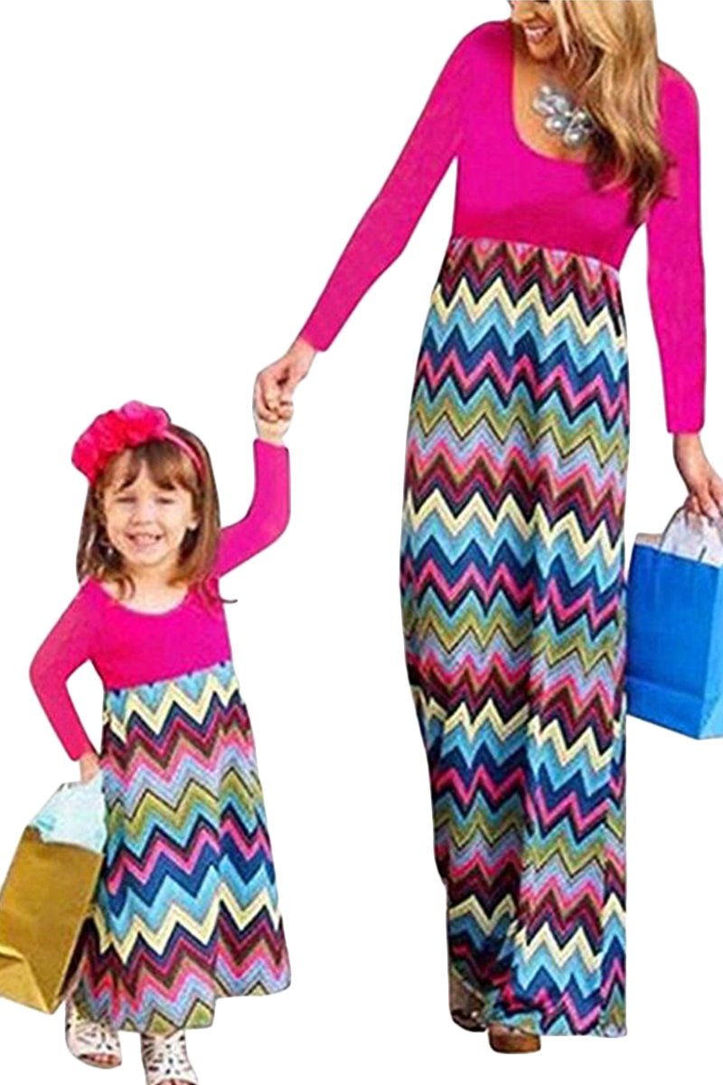 BYM Women's Summer Sleeveless Striped Casual Print Mommy Daughter Matching Outfits Maxi Long Dress for Girls 5-6 Years - Rose & Green Floral Pattern - Perfect for Beach Vacation, Family Photos & Special Occasions