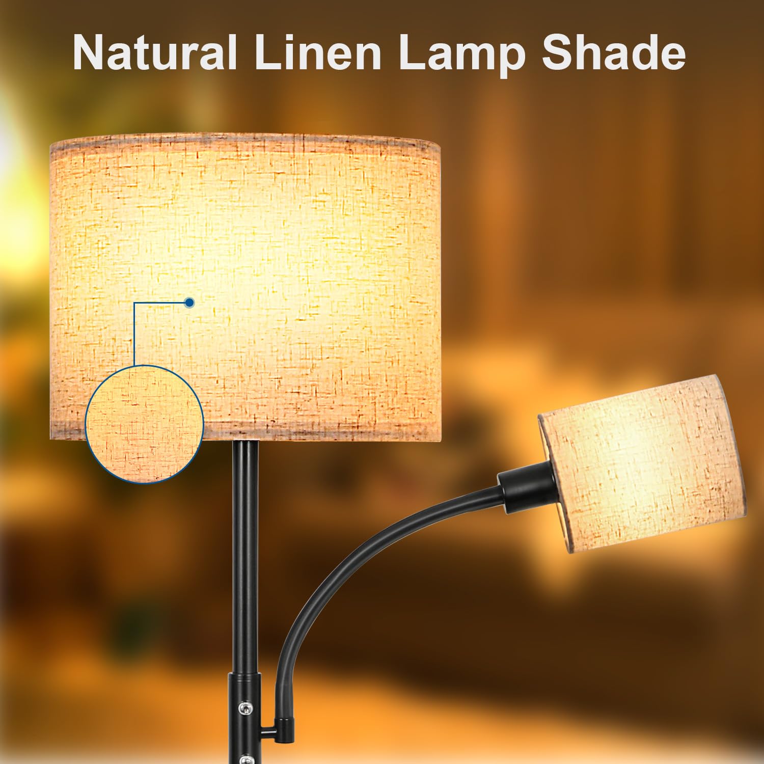 OTREN Modern Floor Lamp with 9W E27 Bulb & 4W Reading Light, Adjustable Linen Shade & Foot Switch - Perfect for Living Room, Bedroom, Dining Room - Ideal for Reading, Relaxing & Ambient Lighting