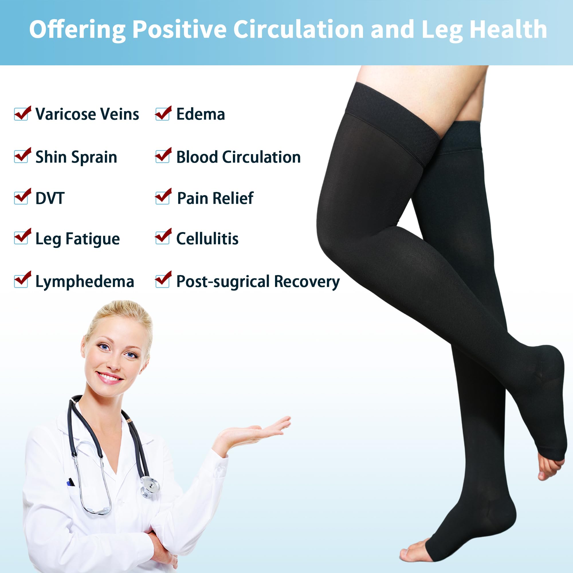 20-30 mmHg Thigh High Compression Stockings for Women & Men - Open Toe with Silicone Dot Band - Varicose Vein Relief & Circulation Support for Travel, Pregnancy & Long Standing