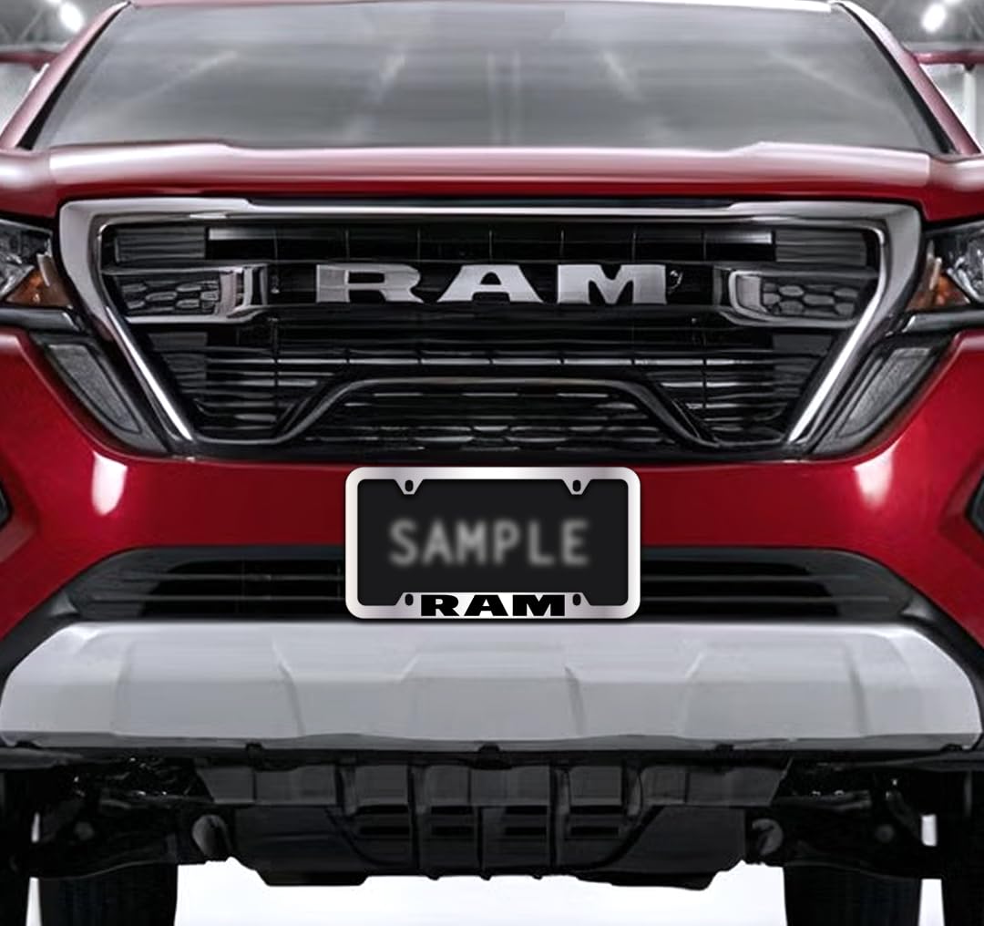 Dodge Ram Heavy Duty Metal Engraved License Plate Frame - Rustproof Car Truck License Plate Holder for Dodge Ram 1500 2500 3500 - Perfect for Off-Roading, Car Shows & Customization