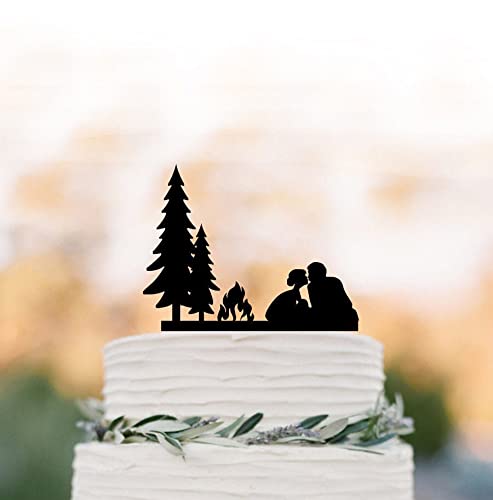 Outdoor Camping Wedding Cake Topper - Tree Couple Silhouette Bride & Groom Fire-Themed Cake Decoration for Rustic Weddings & Anniversary Celebrations