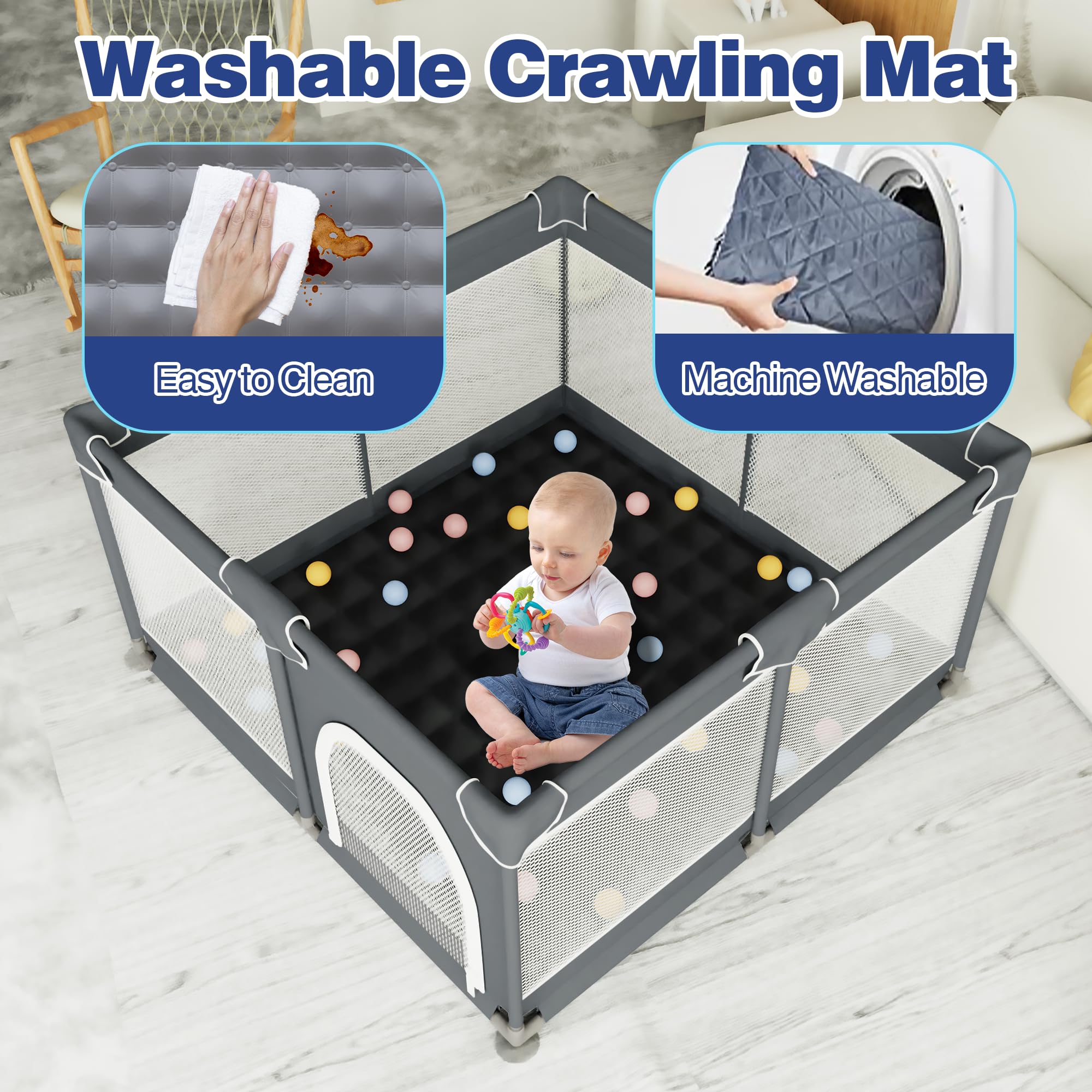 **Baby Playpen with Soft Mat - Large Playpen for Babies & Toddlers, Indoor & Outdoor Playard with Breathable Mesh & Sturdy Safety Gate - Perfect for Home, Nursery, Daycare & Travel (Grey)**