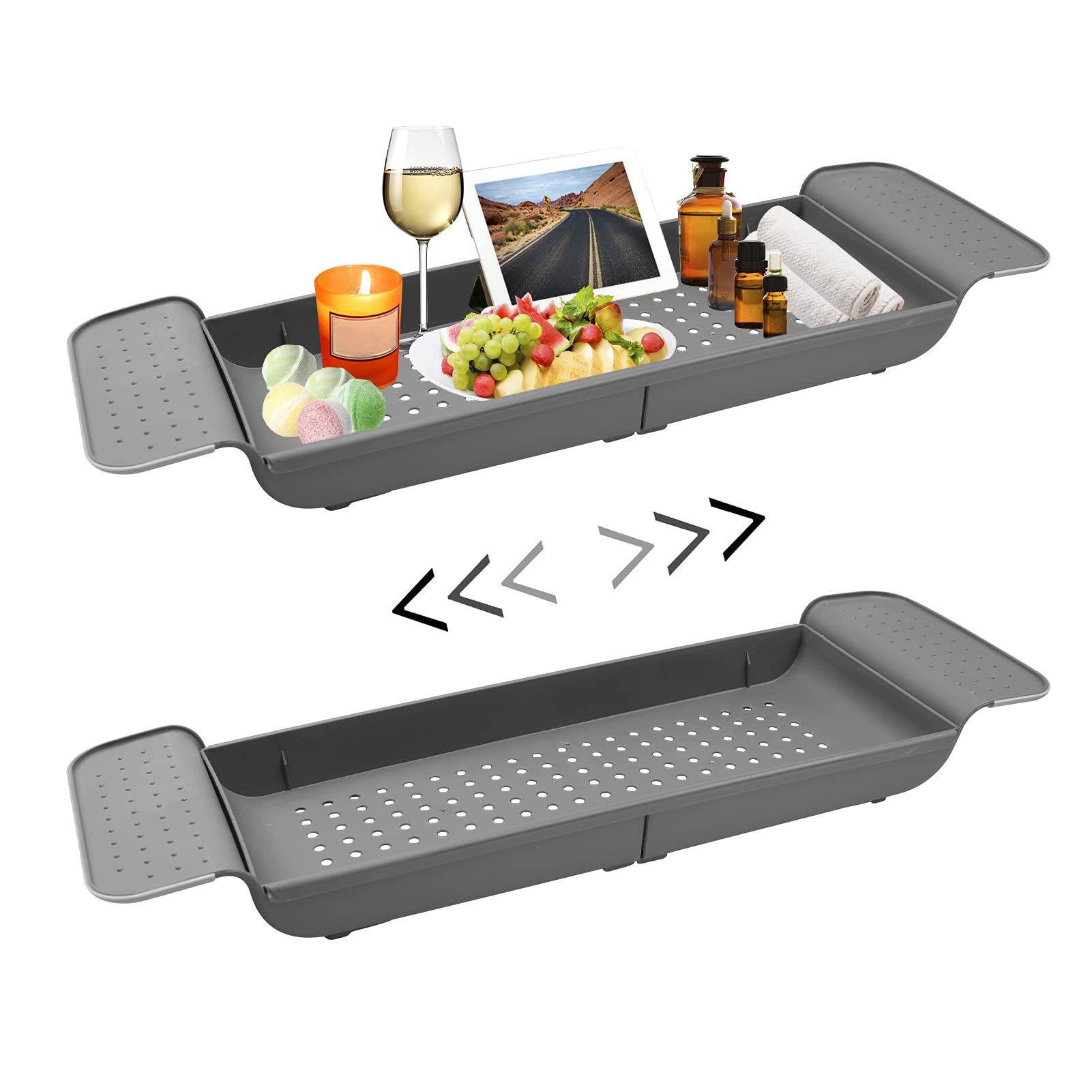 2 Pack Expandable Bath Shelf Caddy Tray - LASZOLA Adjustable Non-Slip Bathtub & Kitchen Organizer with Extending Grip, Multifunctional Storage for Books, Wine, Dishes & Drying Rack (Grey) - Perfect for Bathroom, Kitchen & Small Space Organization