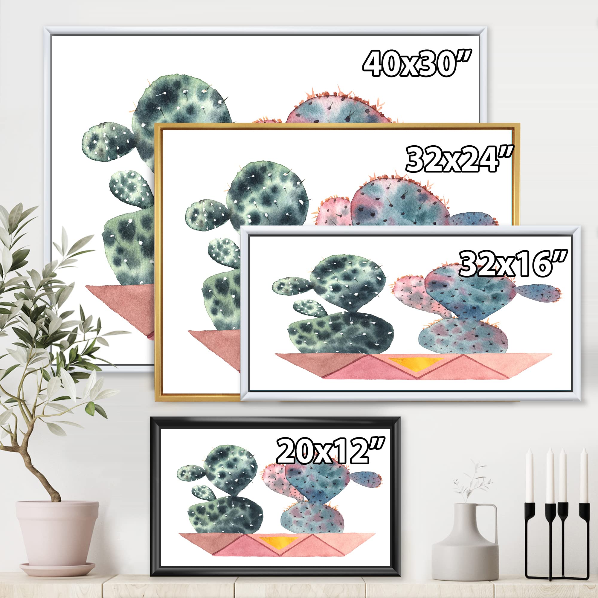 DesignQ Cactus Duo in Pink Geometric Pots - Modern Framed Canvas Wall Art Print for Home & Office Decor | Living Room, Bedroom, Bathroom Wall Decor