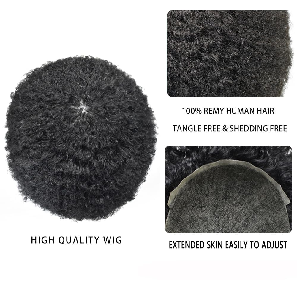 Brazilian Virgin Human Hair Afro Toupee for Black Men - Curly 8x10 Full PU Hair System - 1# Jet Black 6mm Afro Wave - Perfect for Daily Wear, Cosplay & Special Events