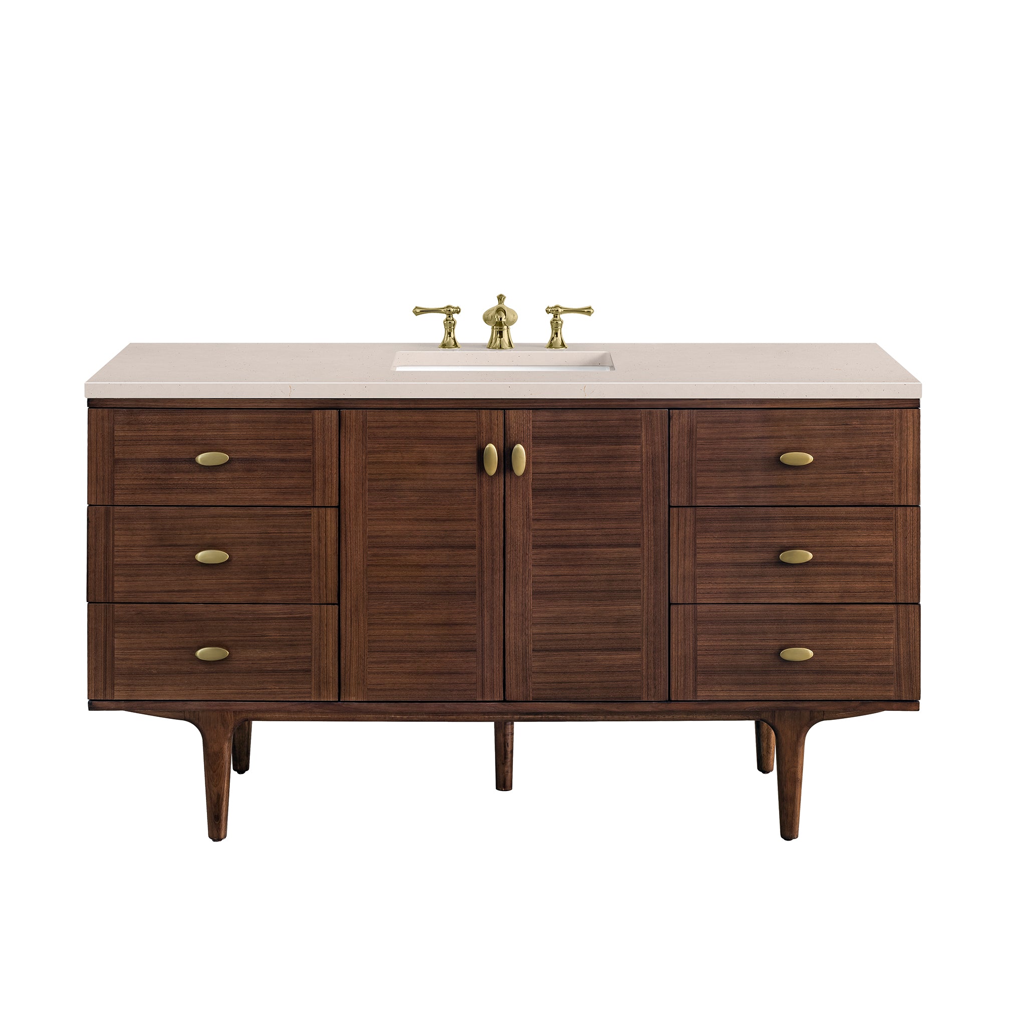 Amberly 60 Inch Single Bathroom Vanity with Mid-Century Modern Design, Walnut Finish & 3CM Eternal Marfil Stone Top - Perfect for Master Bath, Guest Bath or Powder Room Remodel