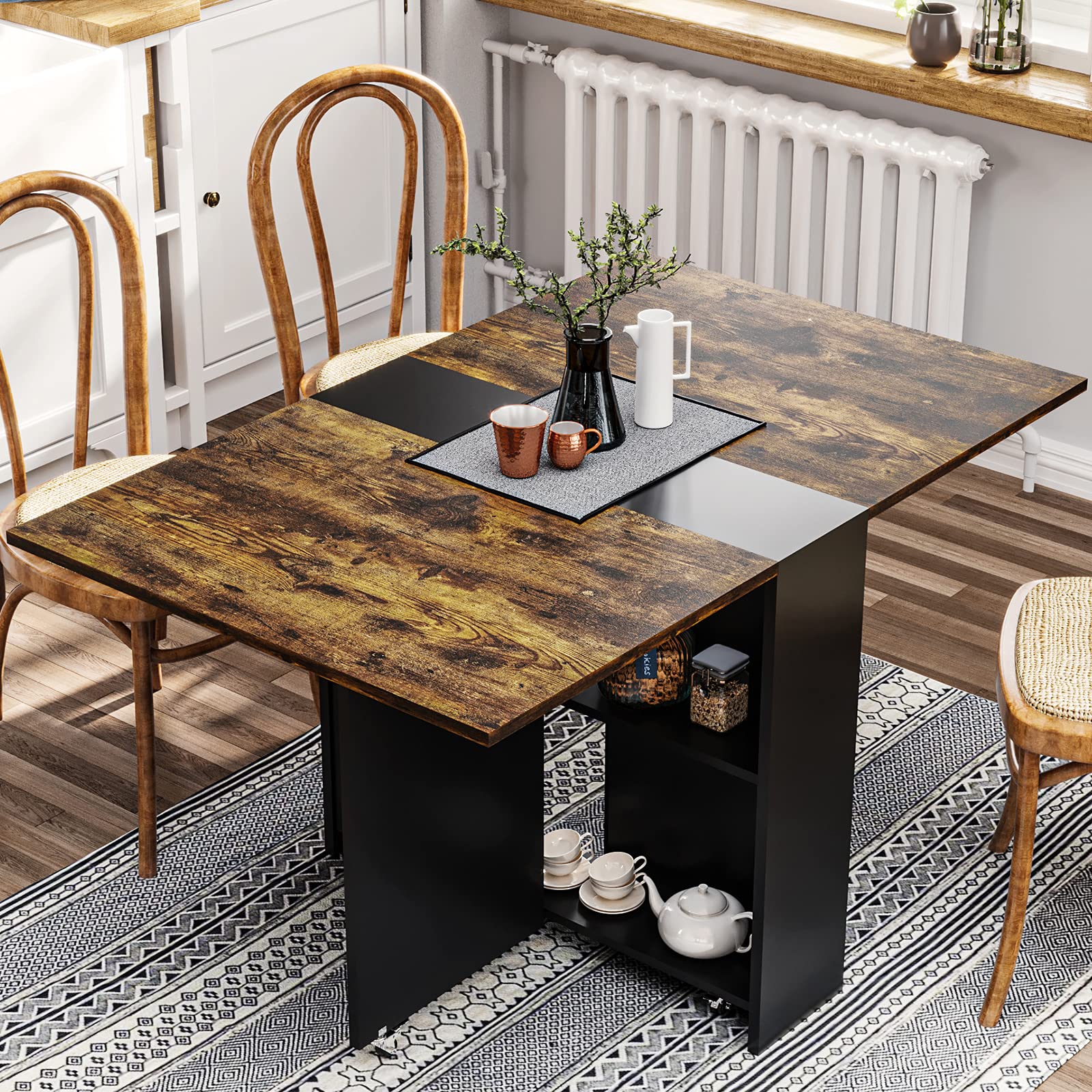 Tiptiper 6-Wheel Folding Dining Table with 2-Tier Storage Shelf - Space Saving Kitchen Table for Small Apartments, Rustic Brown & Black - Perfect for Compact Living Rooms, Studio Apartments & Dorm Rooms