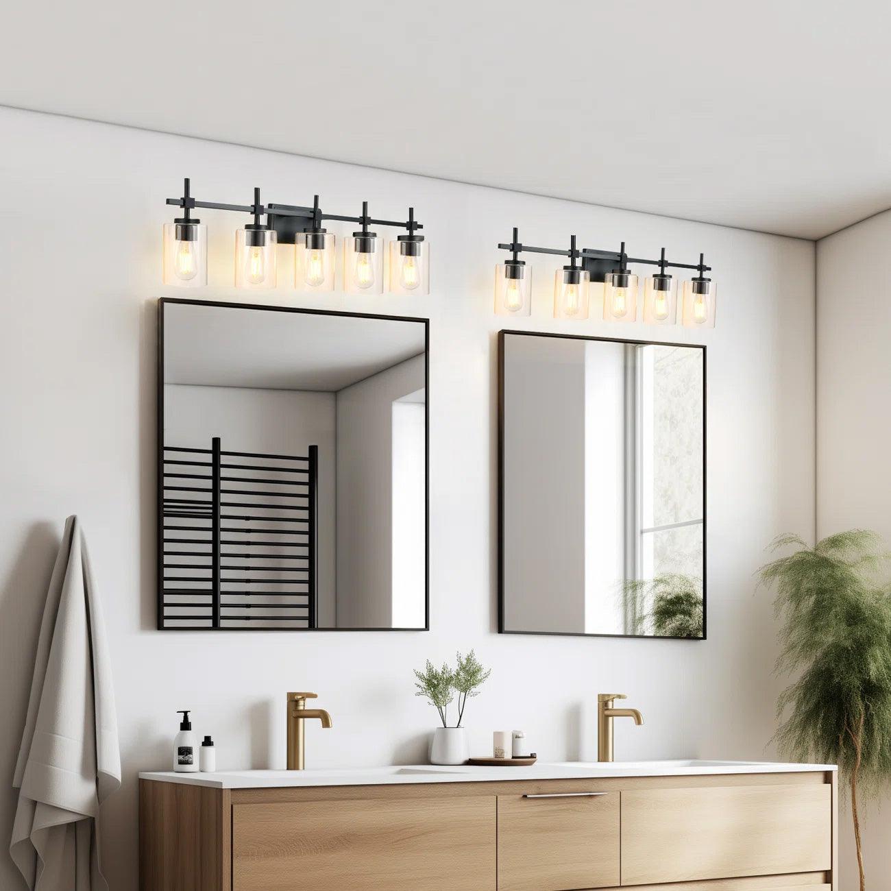 Jasper Modern 5-Light Bathroom Vanity Light Fixture - Brushed Nickel & Black with Clear Glass Shades - Perfect for Bathroom, Powder Room, and Dressing Room Lighting