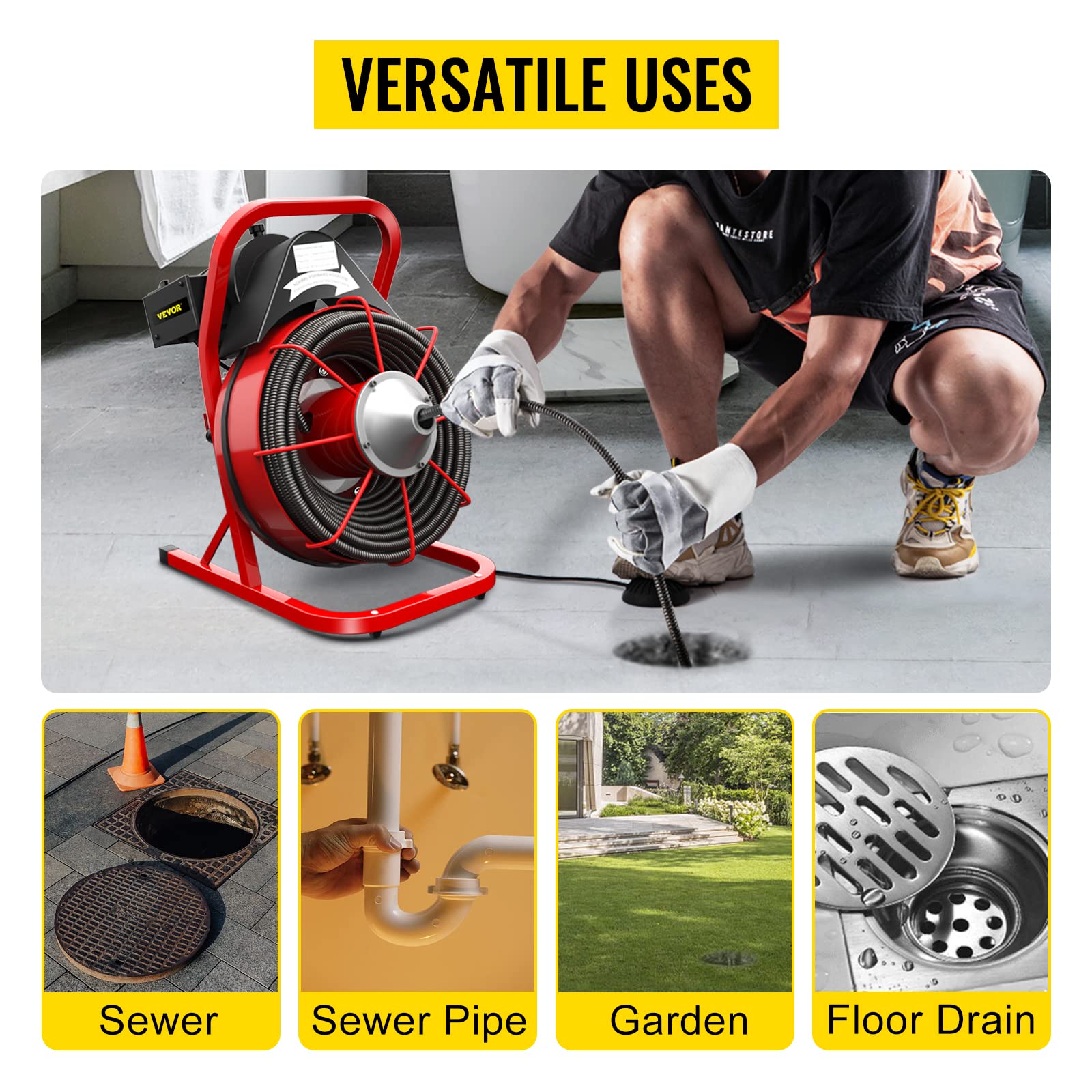 VEVOR Electric Drain Cleaner Machine - 75 Ft x 3/8 Inch Drain Snake for 1-4 Inch Pipes, Portable Plumbing Tool with 4 Cutters | Clog Remover for Kitchen Sink, Shower, Bathtub & Toilet Drain Cleaning