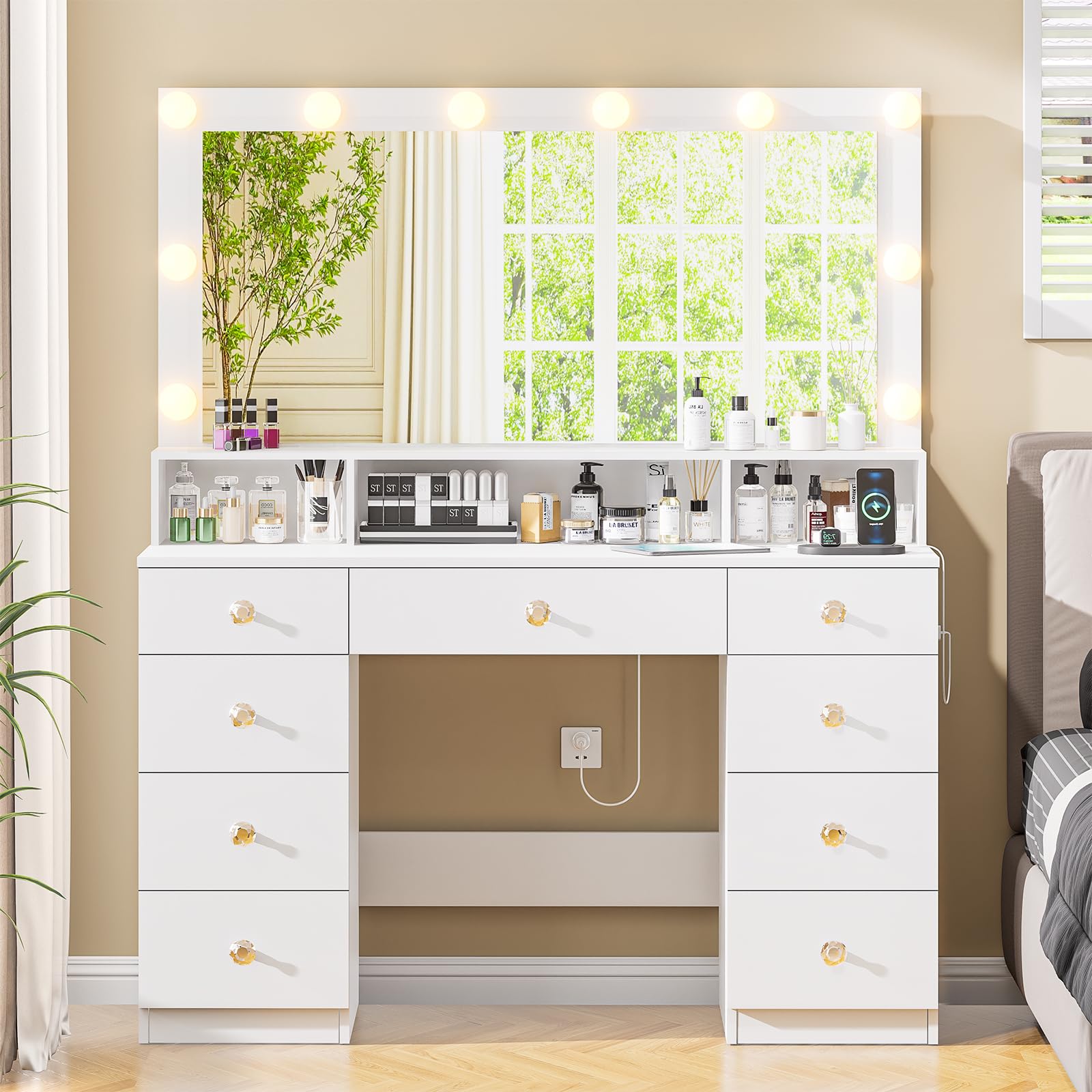 Vanity Desk with Large Mirror & LED Lights - 9-Drawer Makeup Dressing Table with Super Storage, Power Outlet & Crystal Handles - 3 Lighting Modes for Women & Girls (White) | Perfect for Bedroom, Dorm Room & Beauty Salon Makeup Station