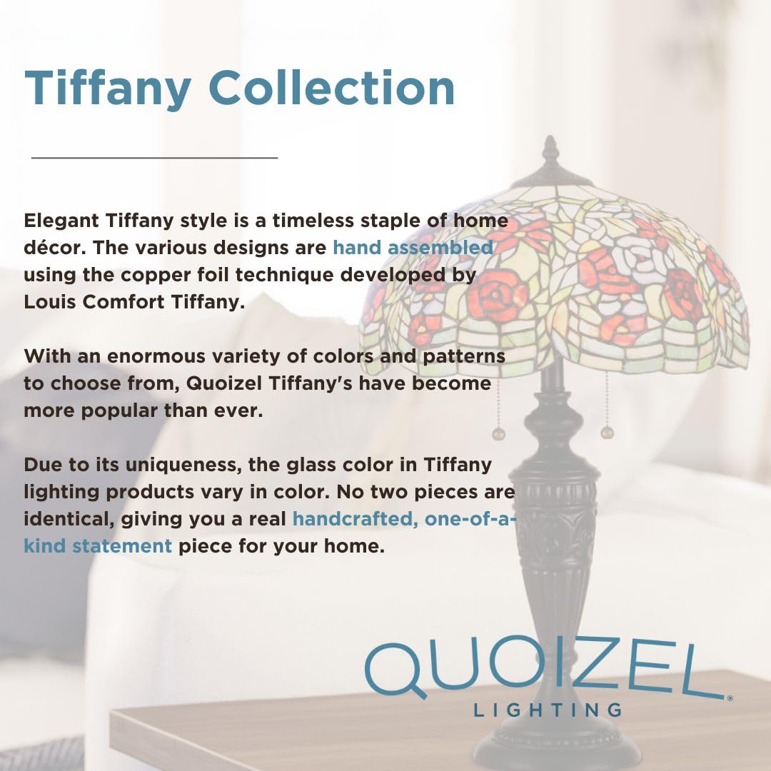 Quoizel Maybeck 2-Light Valiant Bronze Table Lamp with Tiffany Style Stained Glass Shade | Handcrafted Art Glass Desk Lamp | Durable Resin Traditional Lighting | Elegant Reading Lamp for Living Room, Bedroom & Office Decor
