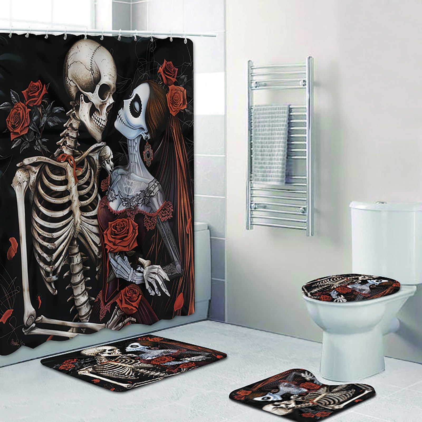 **Halloween Bathroom Set - 4 Pcs Red Rose Skull Couple Shower Curtain, Waterproof U-Shape Rug & Toilet Cover with Hooks, Gothic Decor for Spooky Bathroom Makeover - Perfect for Halloween Parties & Themed Home Decor**